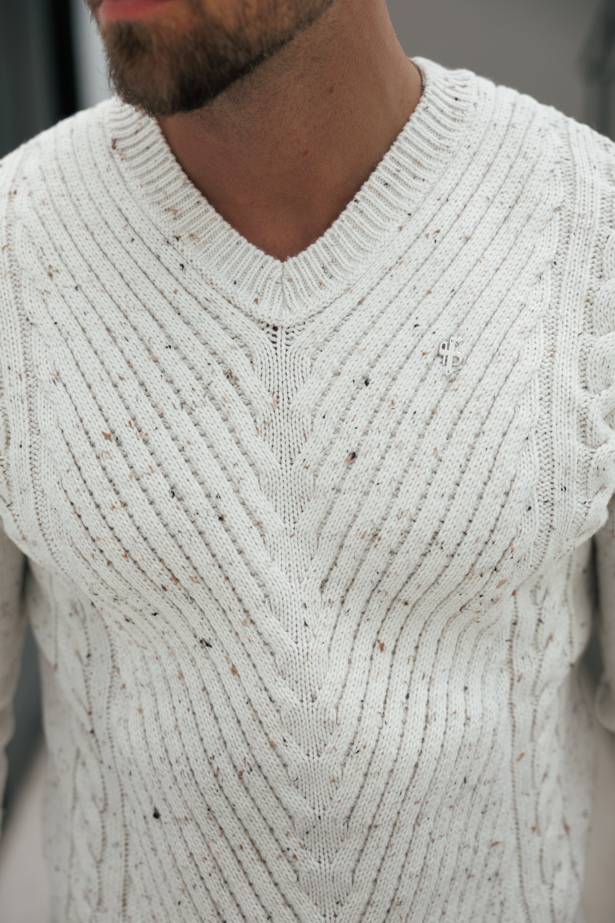 Chevron Front Beige Fleck V Neck Jumper - FSJ153