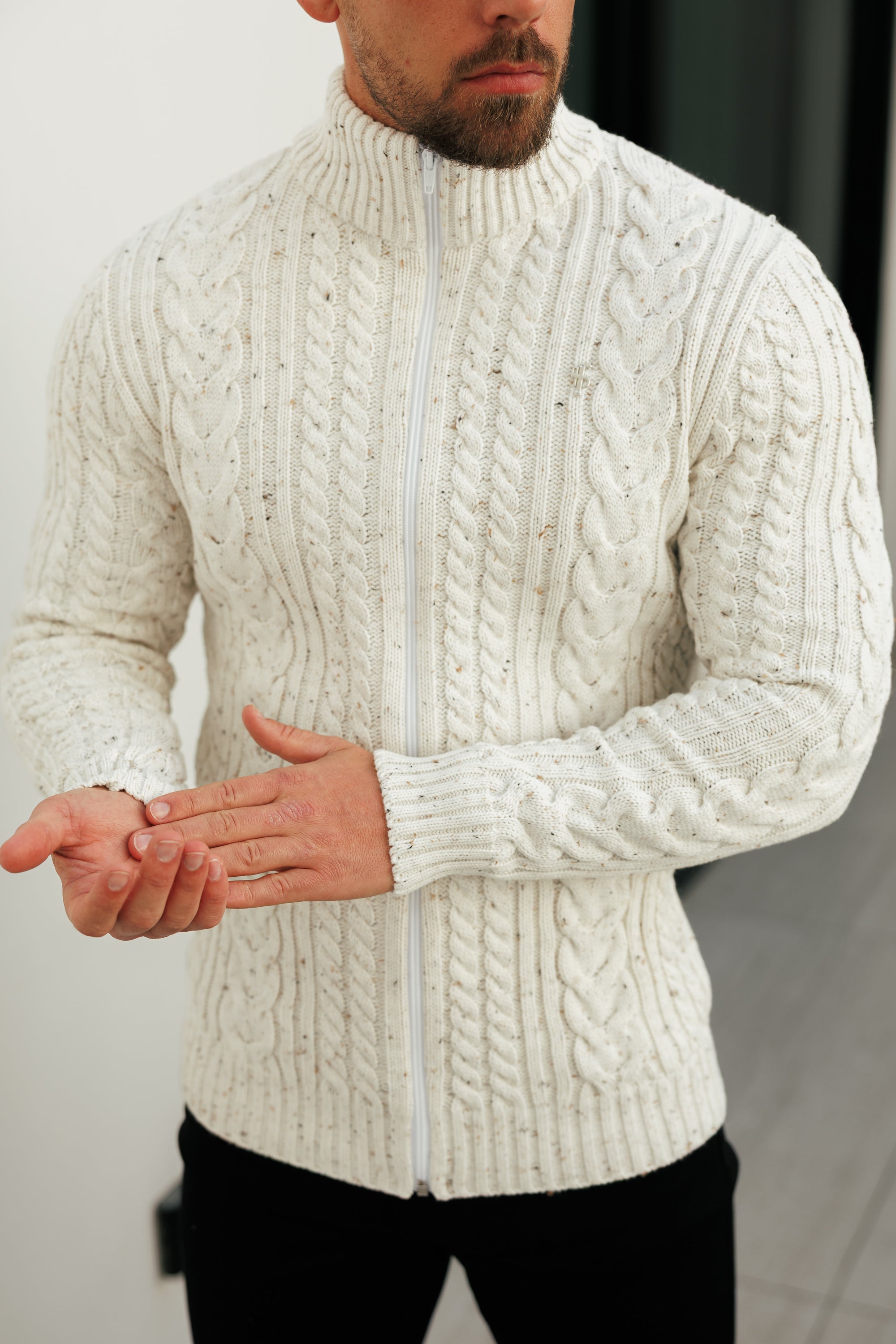 Chunky Zipped Cardigan Beige Fleck -  FSJ148