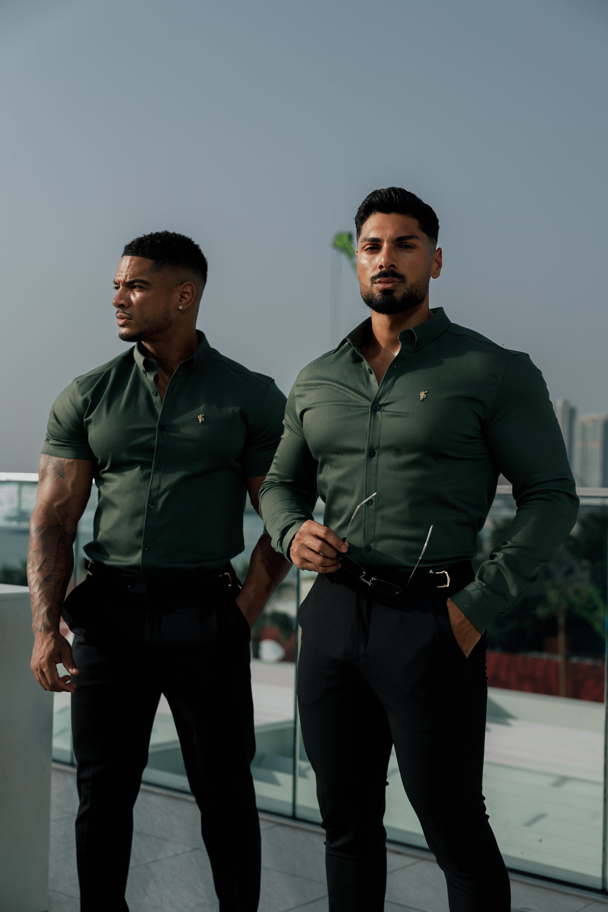 Super Slim Stretch Khaki Denim Long Sleeve with Gold Metal Decal and Button Down Collar - FS1044