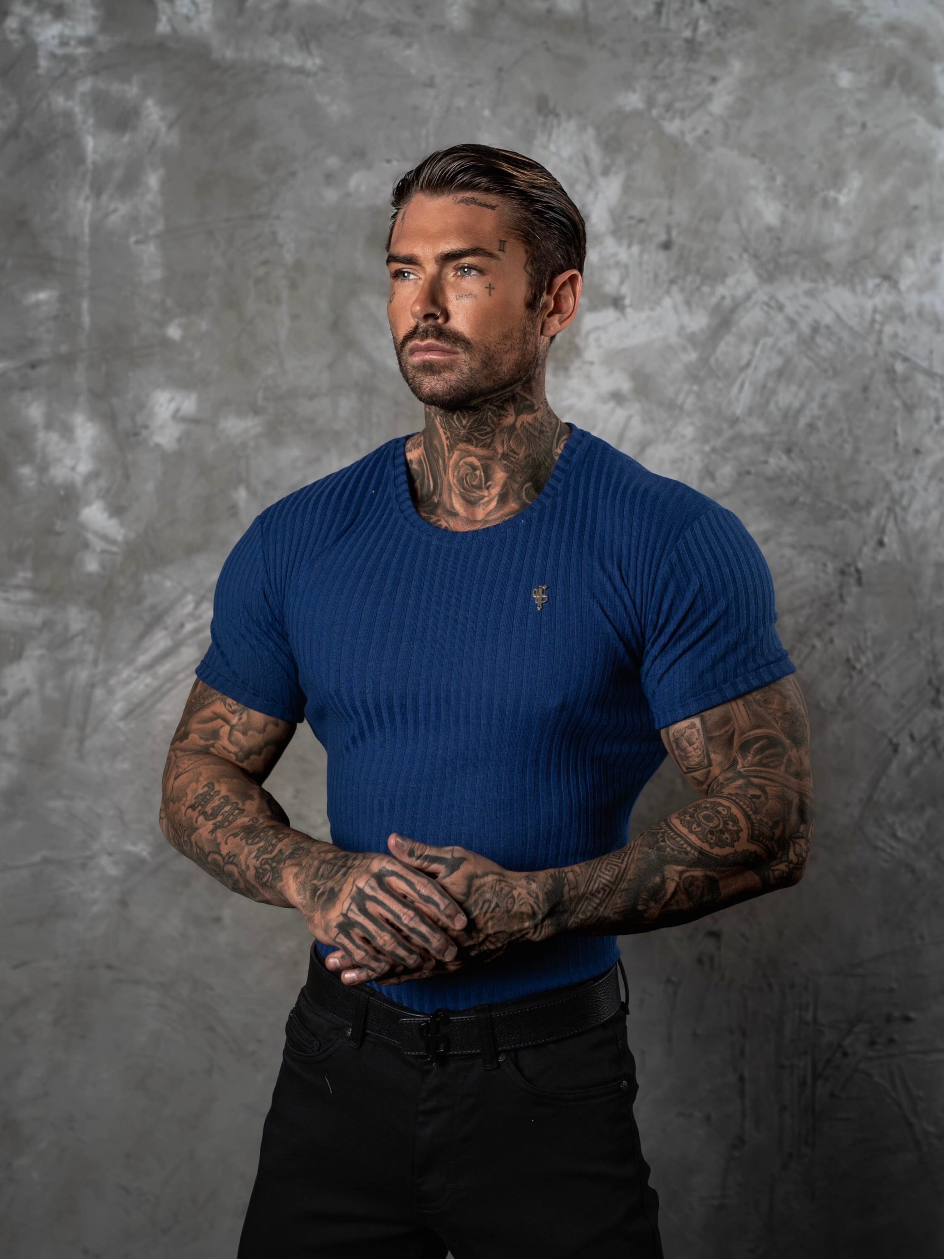 New Navy / Gold Ribbed Knit Super Slim Short Sleeve Crew - FSH1383