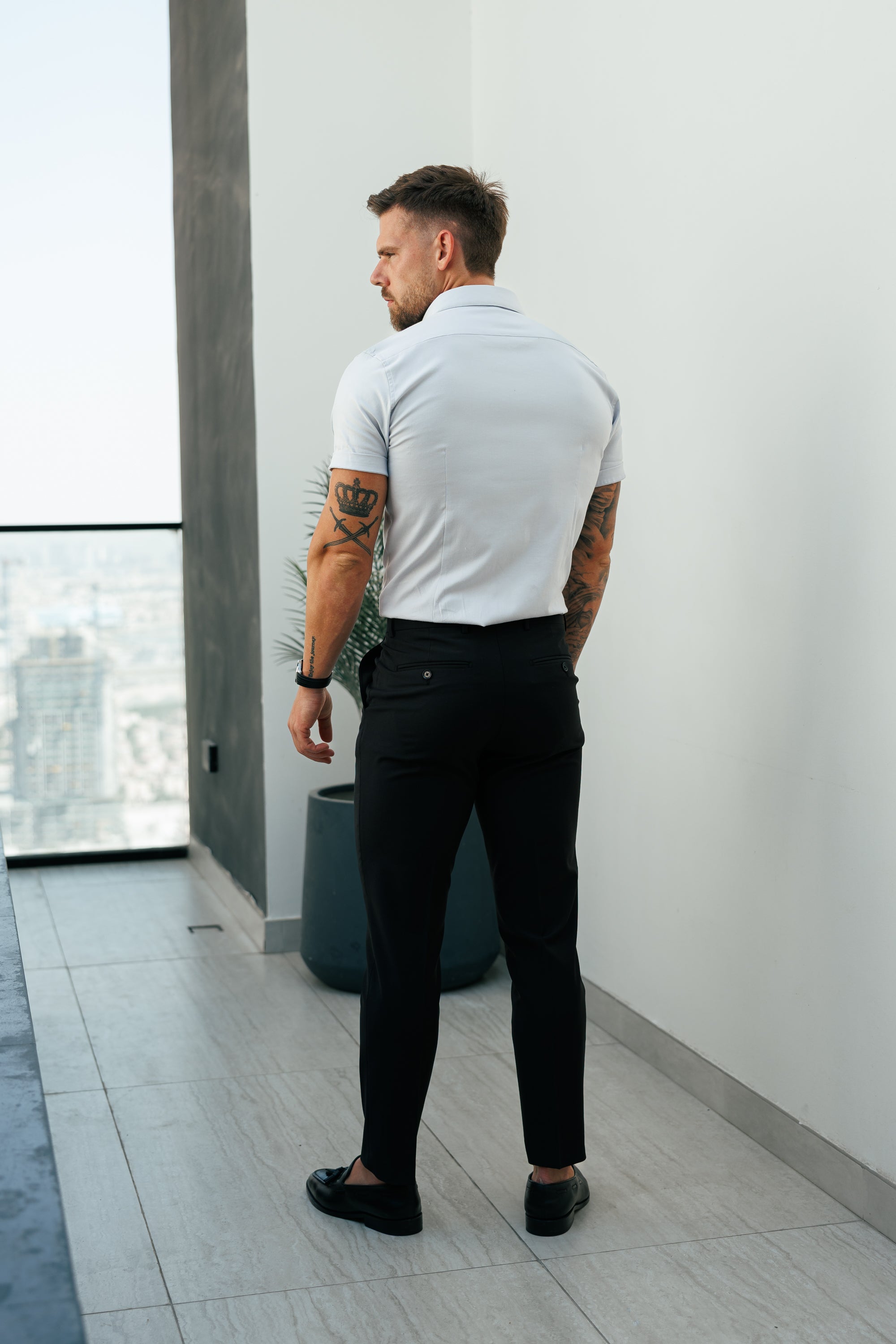 Classic Stretch Oxford Short Sleeve Light Grey with Button Down Collar - FS1214