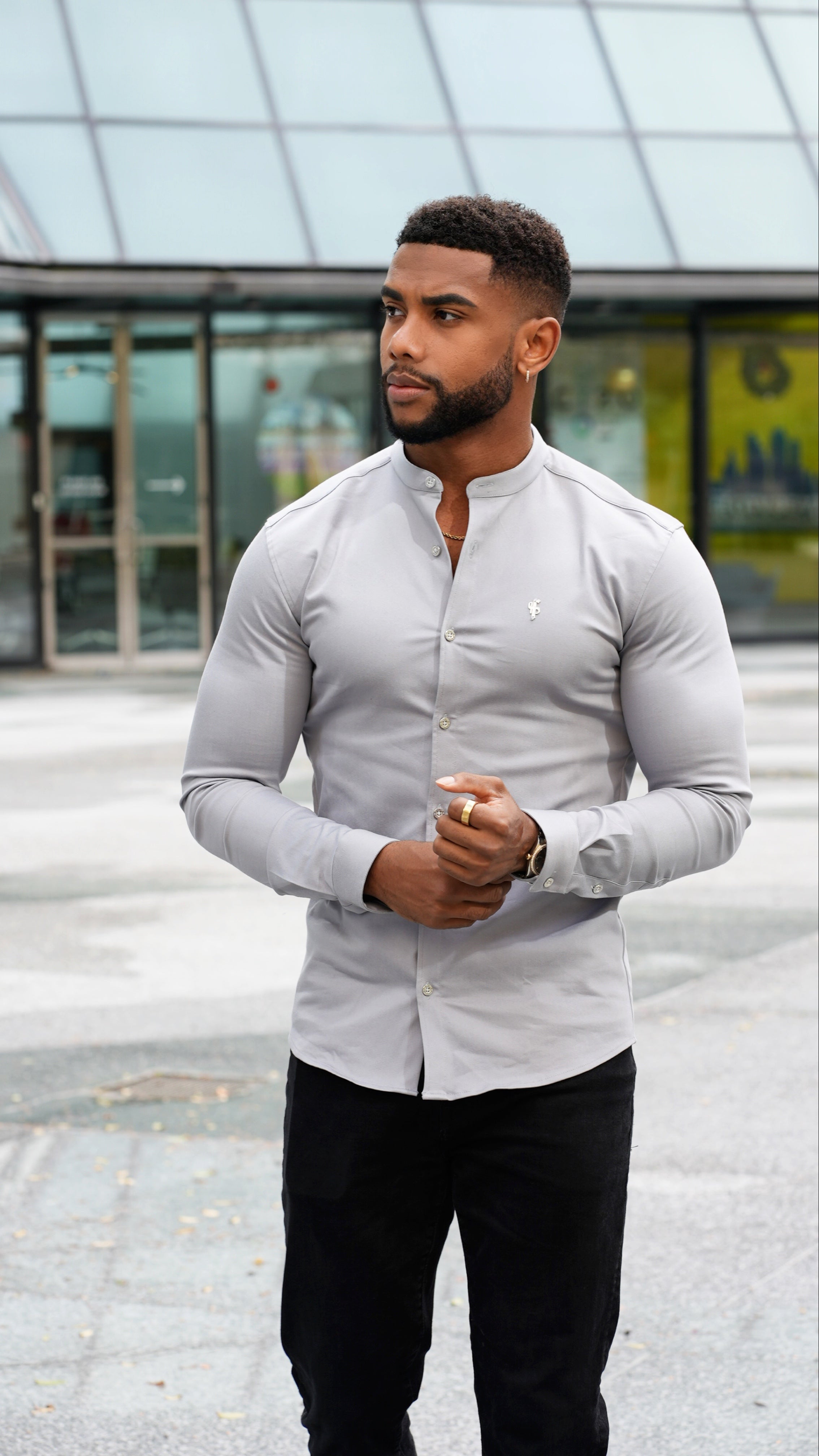 Super Slim Stretch Grey Denim Long Sleeve With Grandad Collar and Silver Metal Buttons and Decal  - FS962