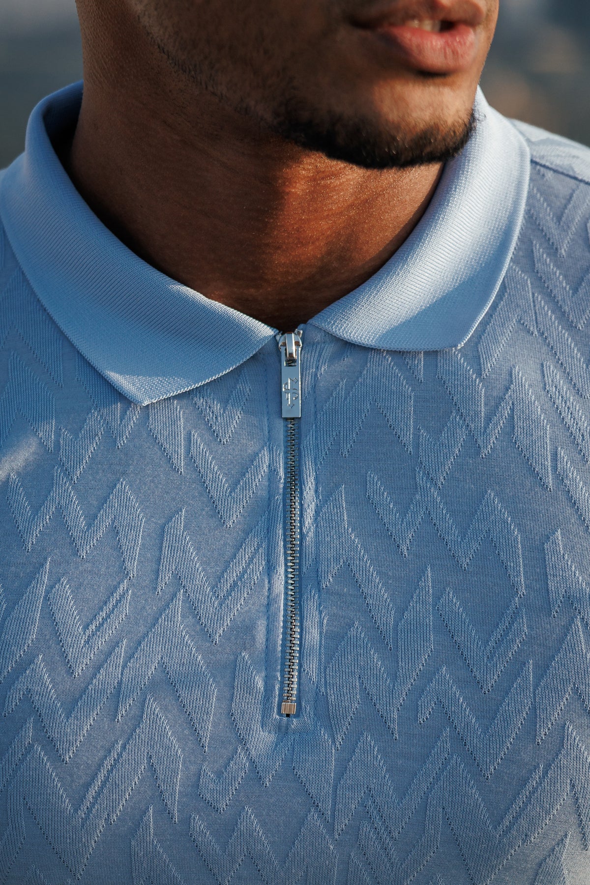 Classic Jacquard Baby Blue Chevron Zipped Polo - FSR061