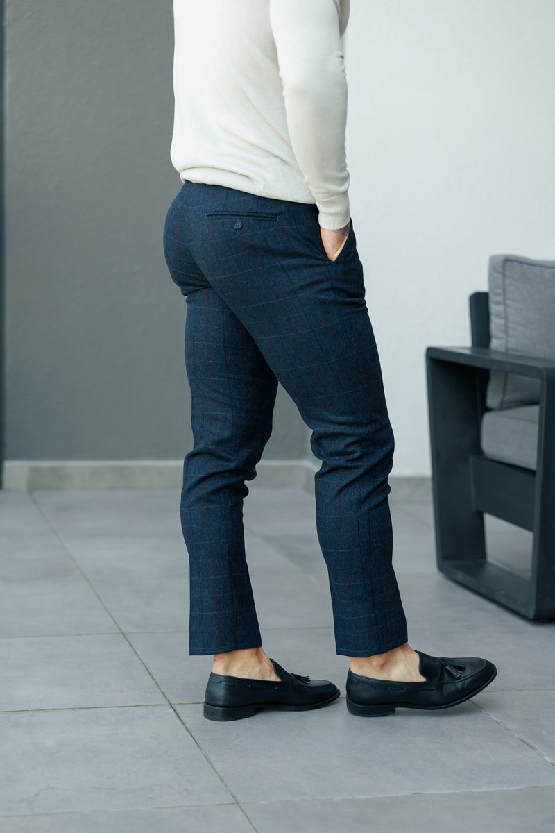 Father Sons Relaxed Formal Navy / Burgundy Check Pants - FSTR016 