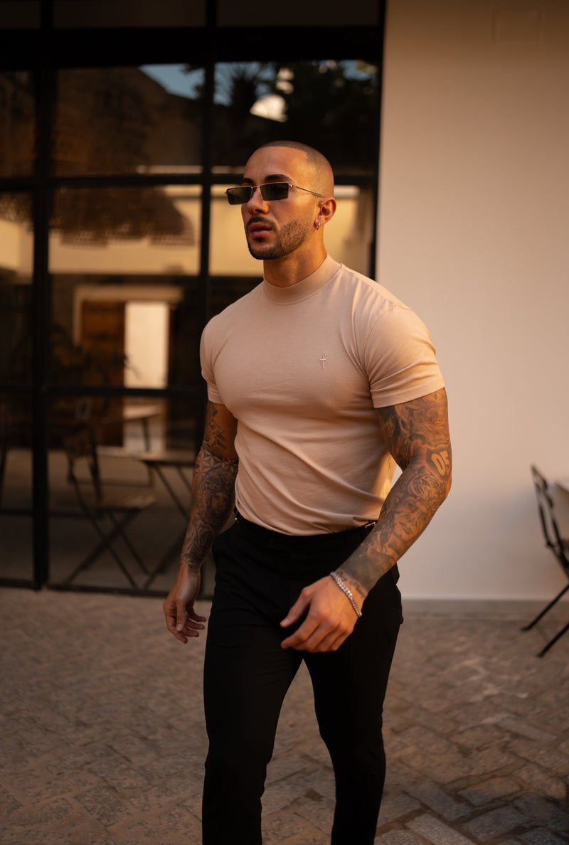 FS Ribbed High Neck Crew Short Sleeve Beige - FSH1141