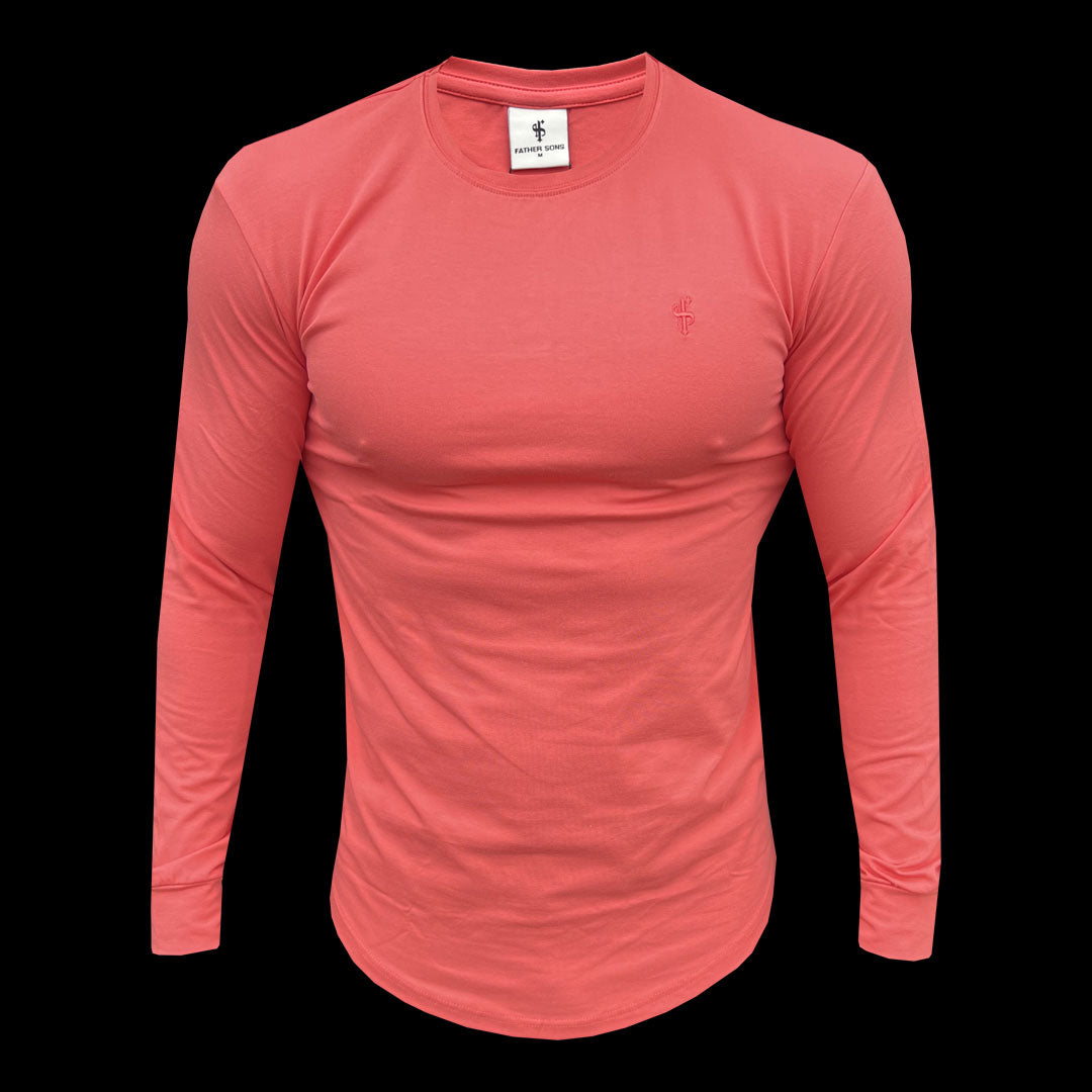 Classic Coral Tonal Curved Hem Long Sleeve Crew T Shirt - FSH1000