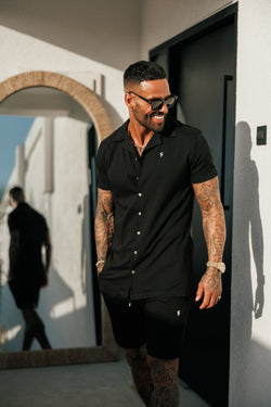 Father Sons Stretch Black / Silver Pique Revere Shirt Short Sleeve - FSH1355 (PRE ORDER 30TH MAY)