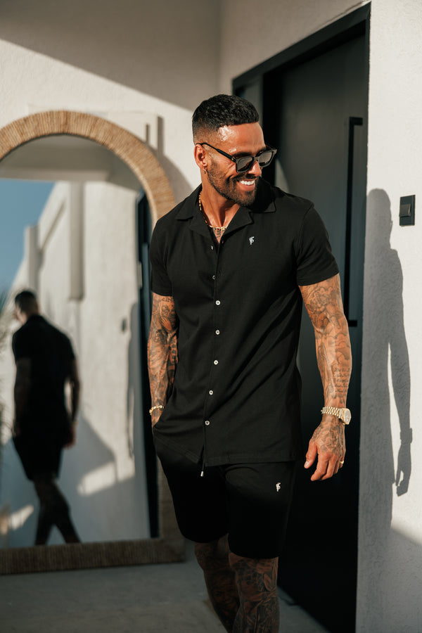 Father Sons Stretch Black / Silver Pique Revere Shirt Short Sleeve - FSH1355 (PRE ORDER 30TH MAY)