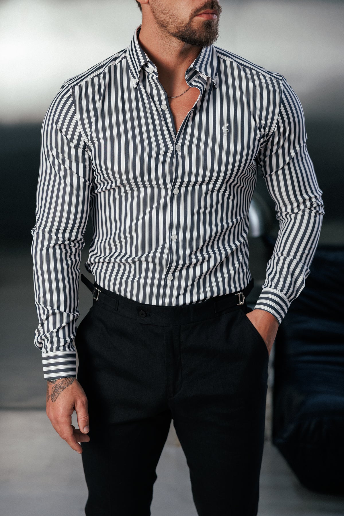 Super Slim Stretch Sateen Touch White / Navy Double Stripe Long Sleeve  -  FS1287