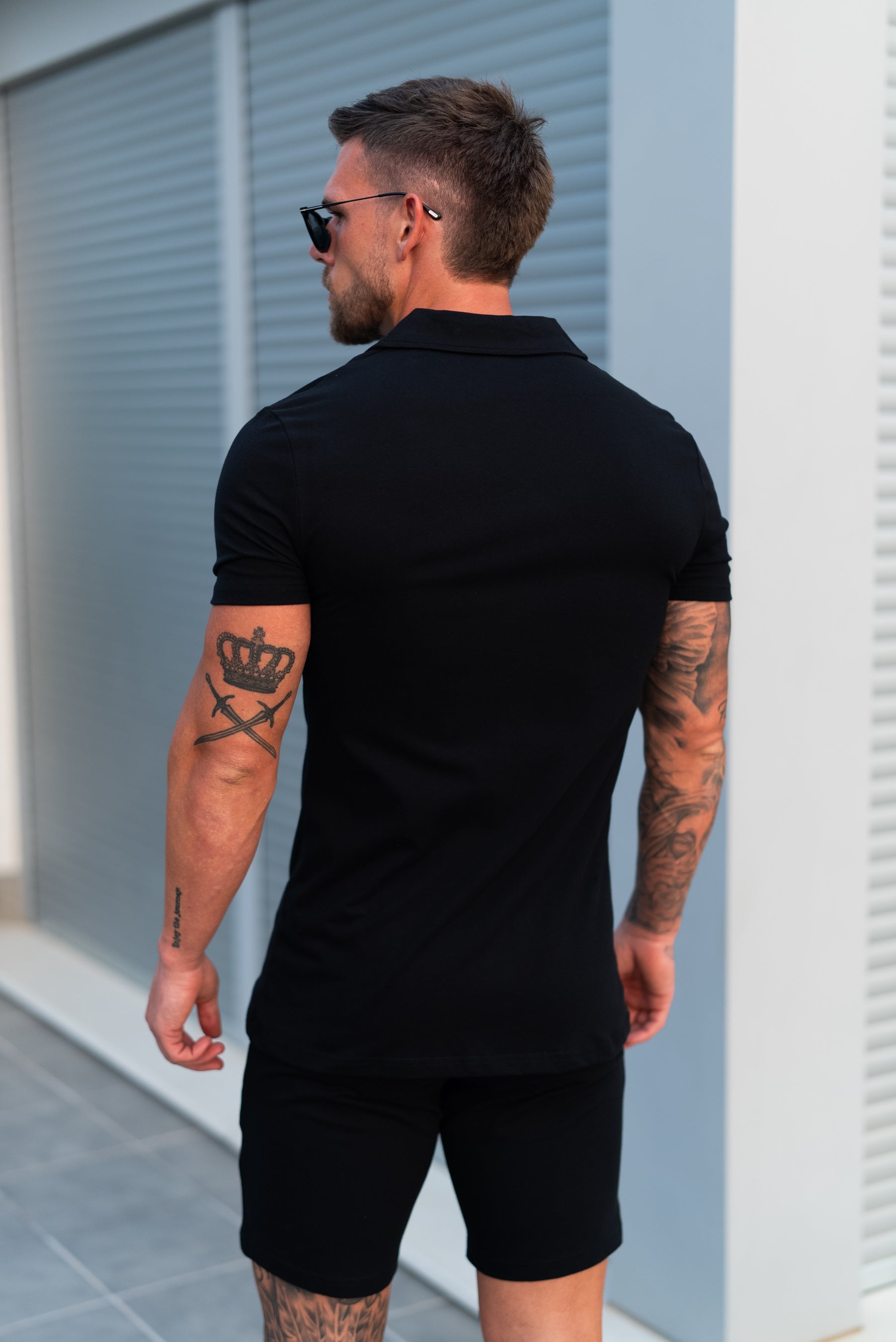 Stretch Black / Silver Pique Revere Shirt Short Sleeve - FSH1355