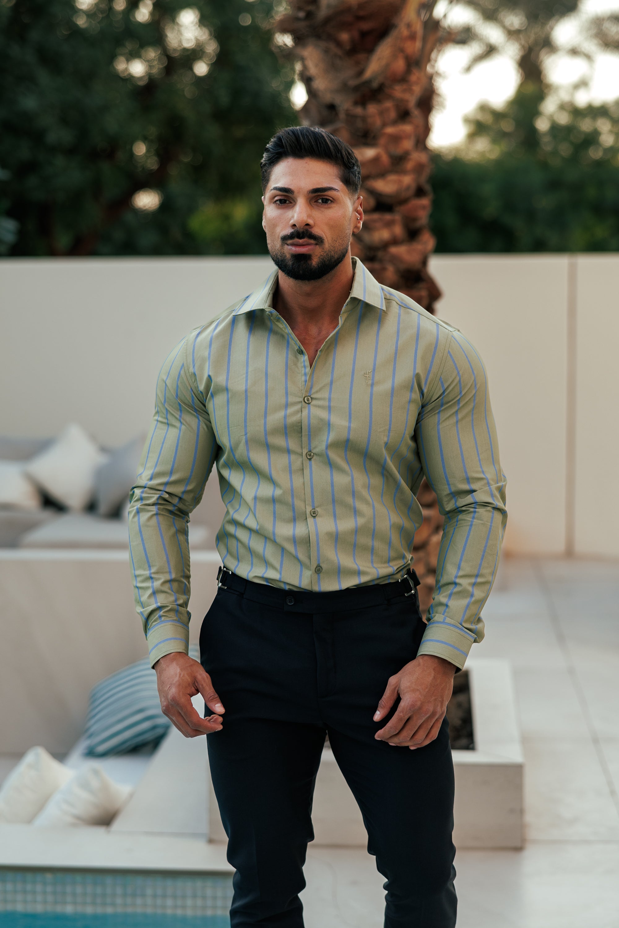 Classic Green / Blue Stripe Long Sleeve with Cutaway Collar - FS1179