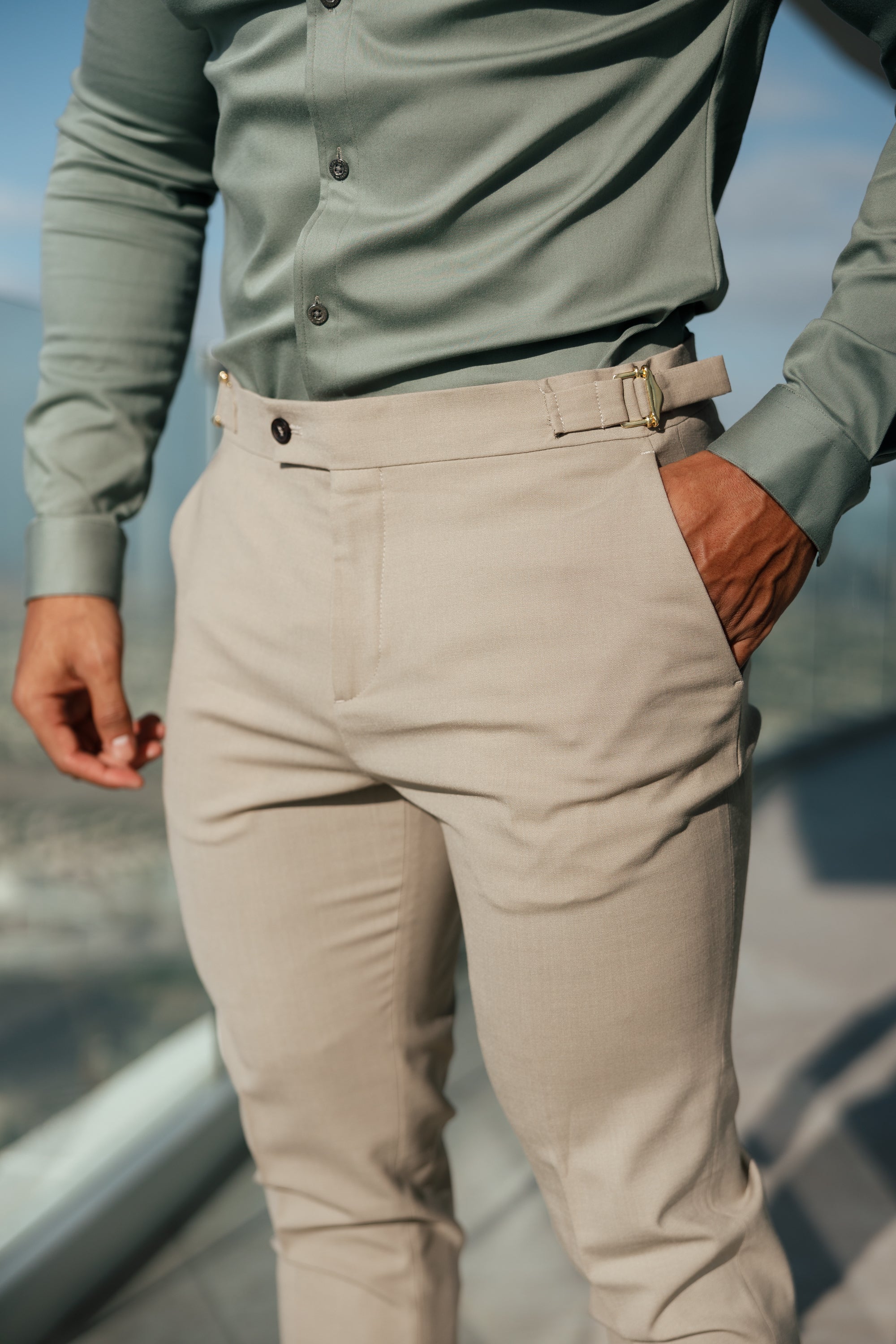 Father Sons Slim Formal Beige Stretch Pants With Gold Waist Adjusters - FST017