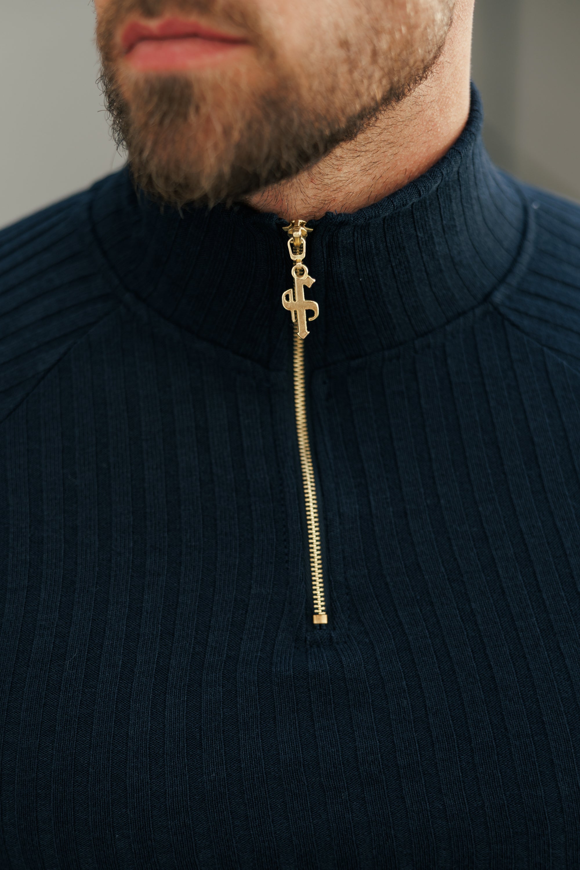 Super Slim Navy Ribbed Zip Funnel Neck Raglan Long Sleeve Crew - FSH1296