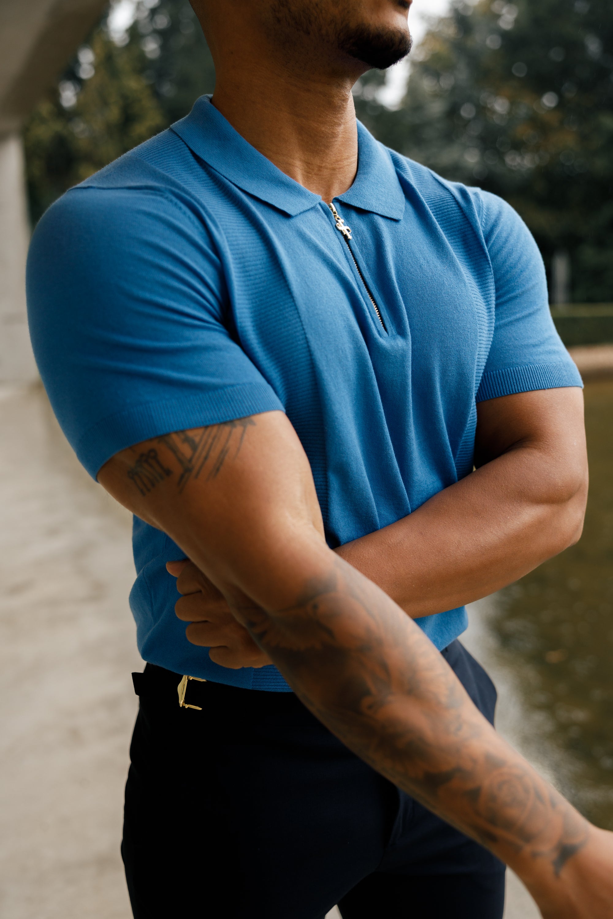 Classic Mid Blue and Gold Zip Knitted Polo Shirt Short Sleeve  - FSN134