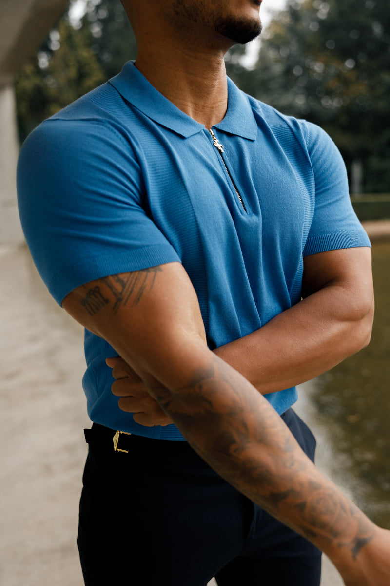 Father Sons Classic Mid Blue and Gold Zip Knitted Polo Shirt Short Sleeve  - FSN134