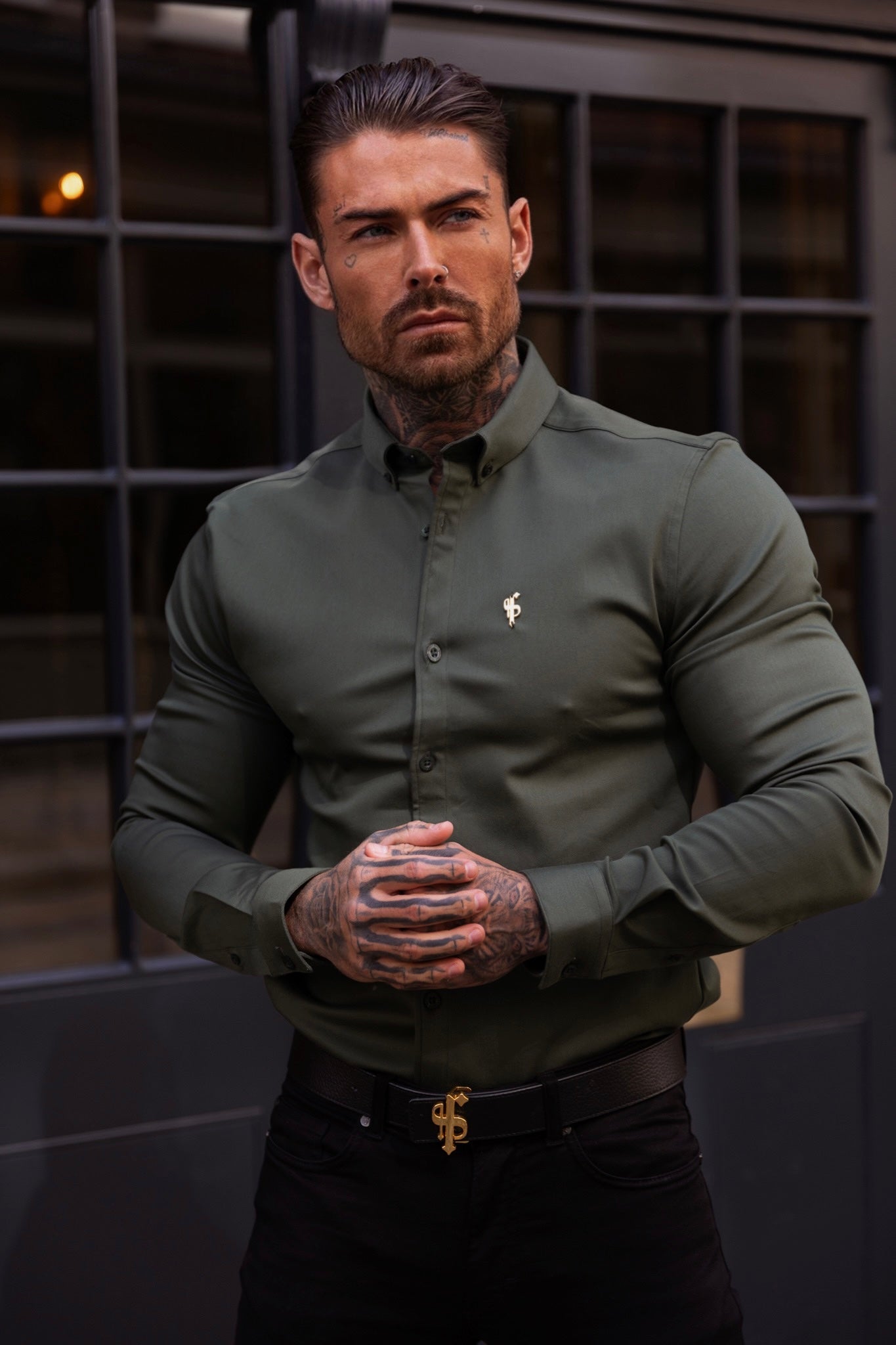 Super Slim Stretch Khaki Denim Long Sleeve with Gold Metal Decal and Button Down Collar - FS1044