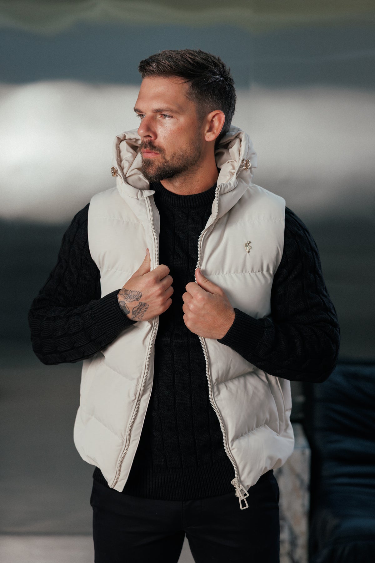 Light Beige Padded Hooded Gilet - FSN243
