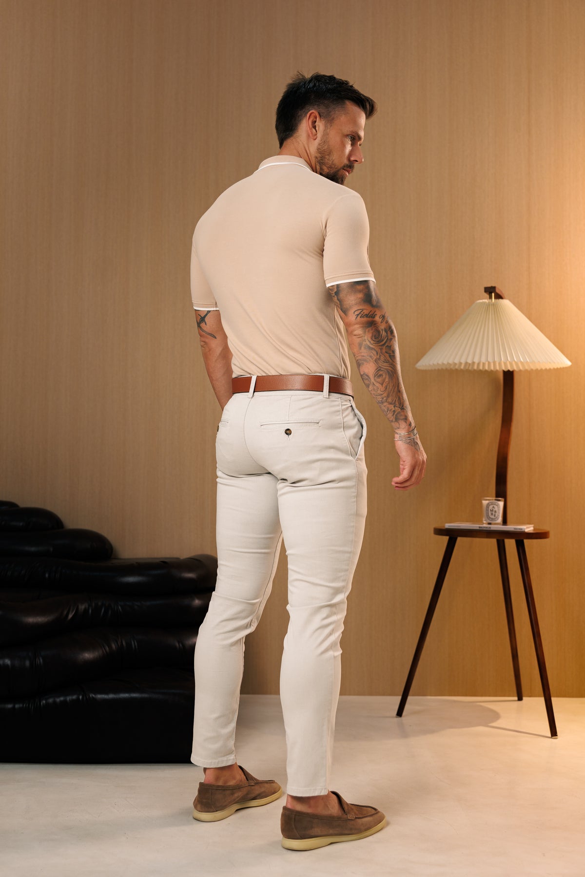 Beige / White Polo Shirt With Contrast Collar and Sleeve - FSH1672