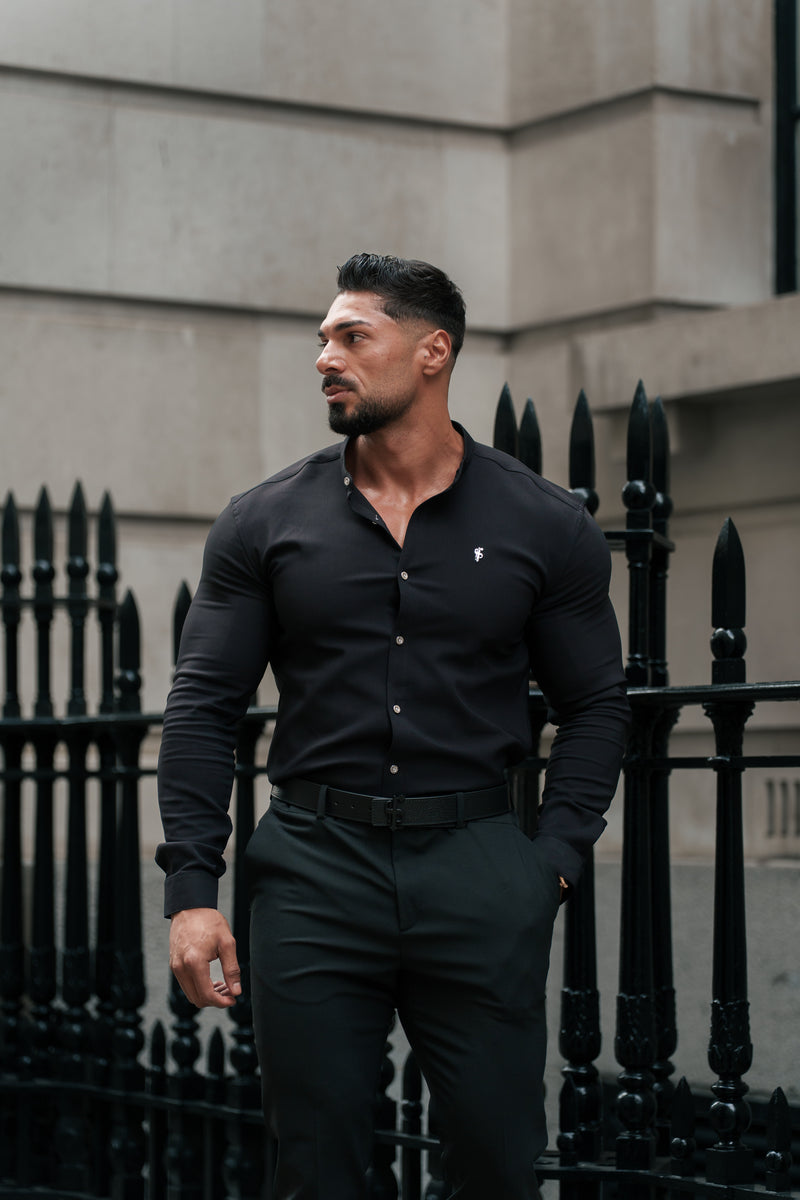 Father Sons Super Slim Scuba Black / Silver Long Sleeve Stretch with Grandad Collar - FS1191
