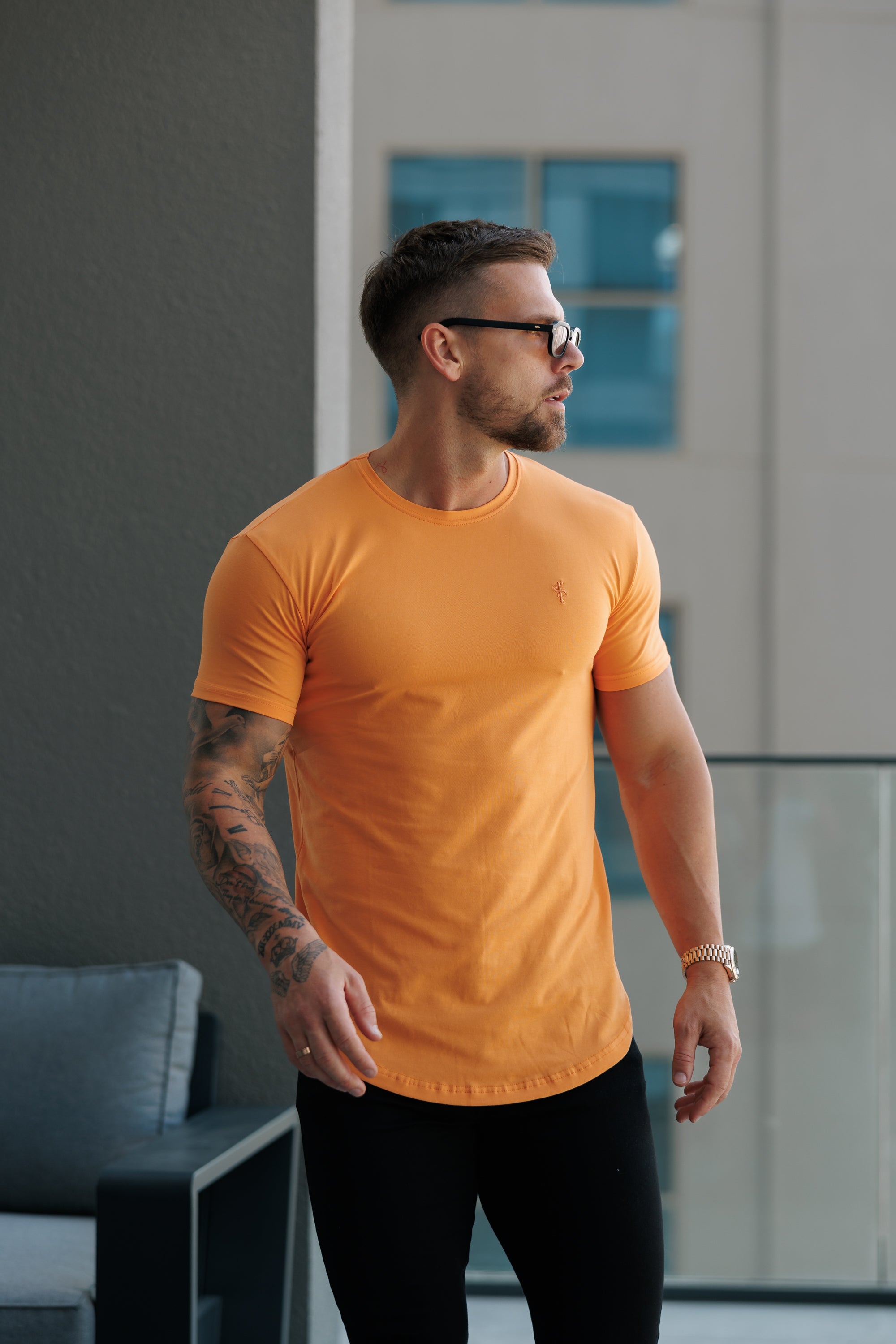 Classic Orange Tonal Curved Hem Crew T Shirt - FSH1152
