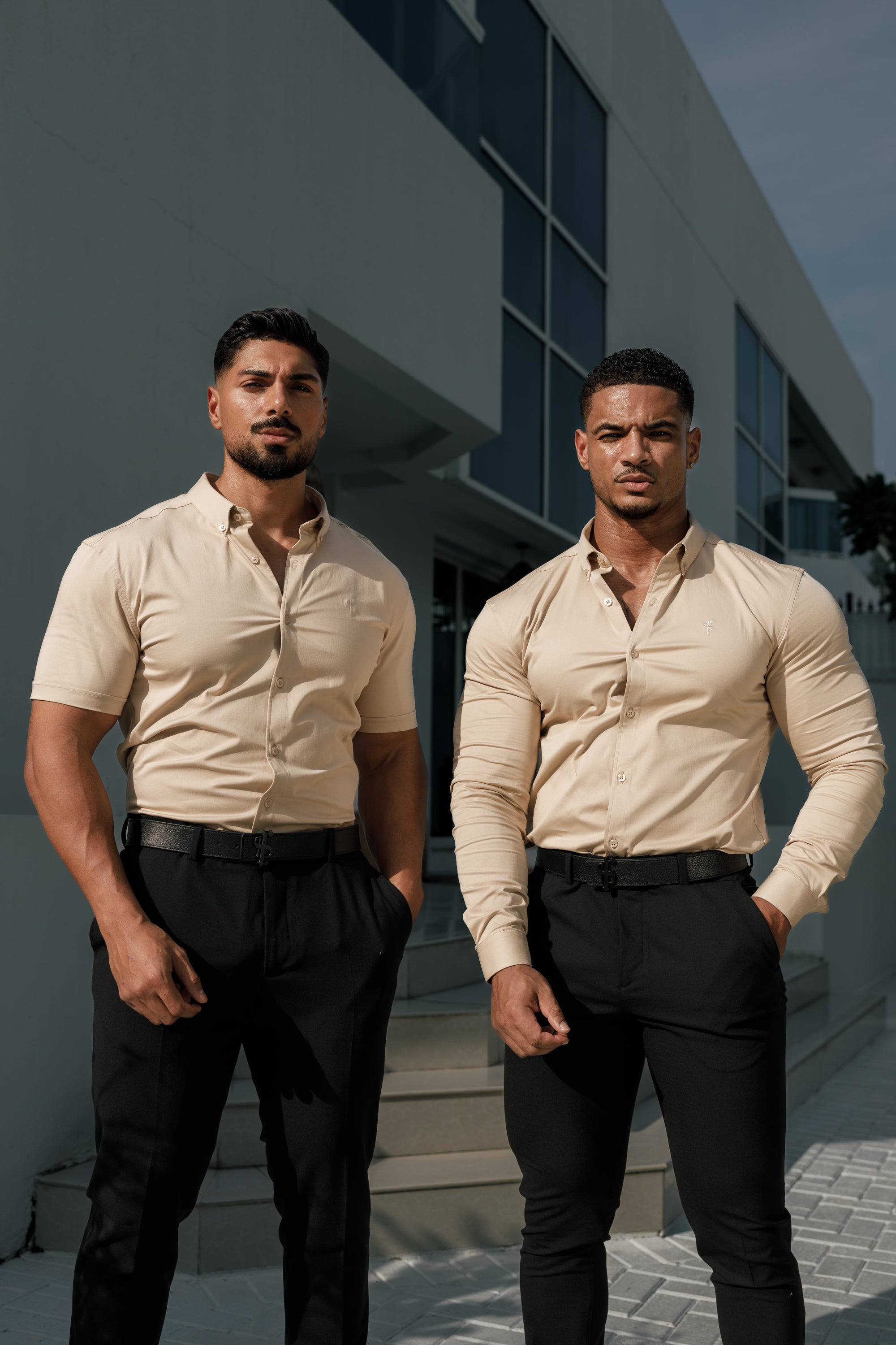 Super Slim Stretch Plain Beige Long Sleeve With Button Down Collar - FS983