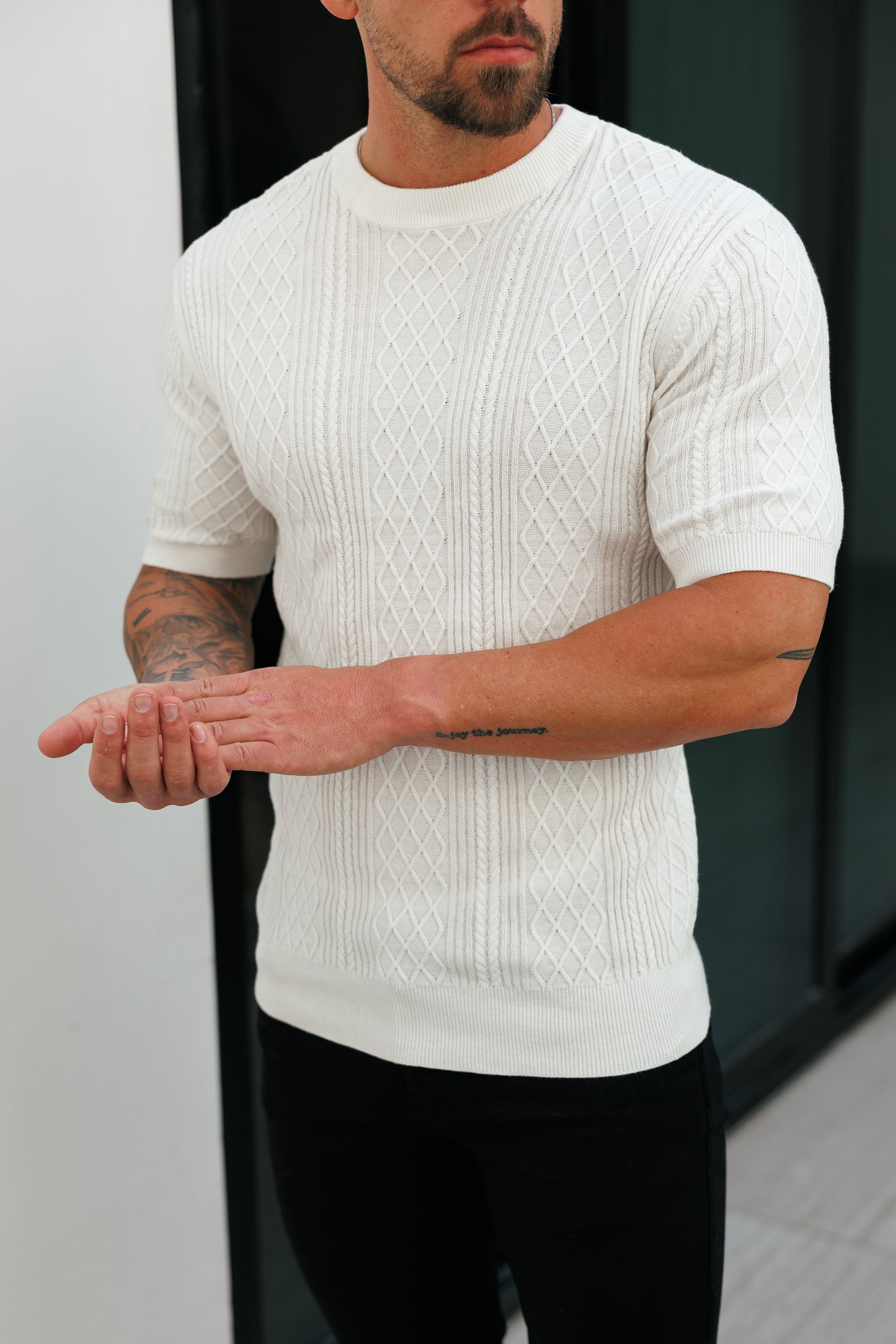 Fine Knit Diamond Off White Jumper Short Sleeve  -  FSA009