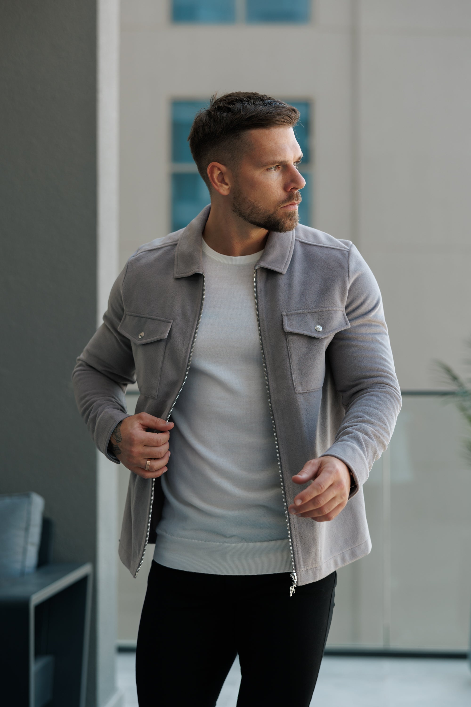 Brushed Zipped Plain Jacket Light Grey - FSN173