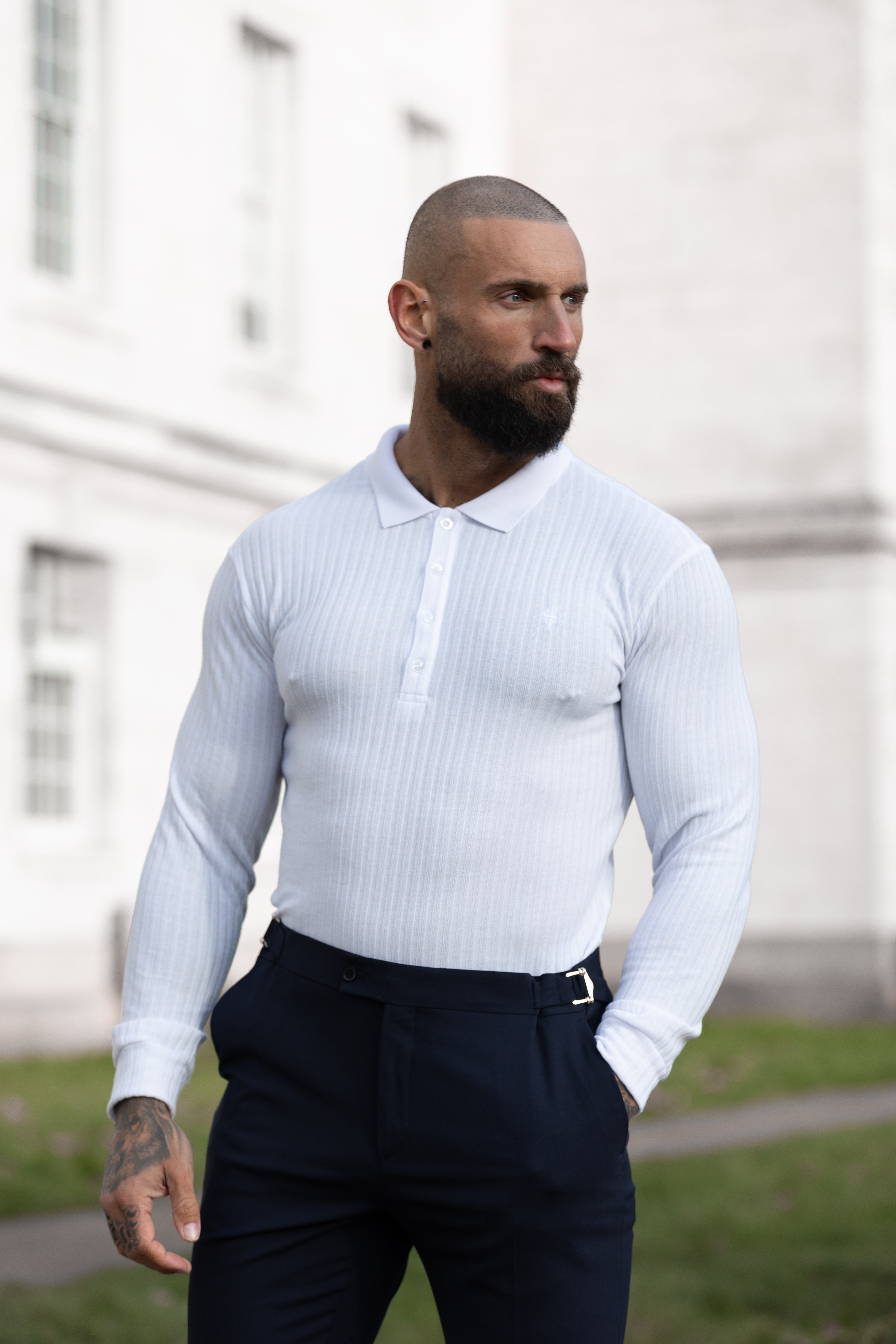 Classic White Ribbed Polo Shirt Long Sleeve - FSH974