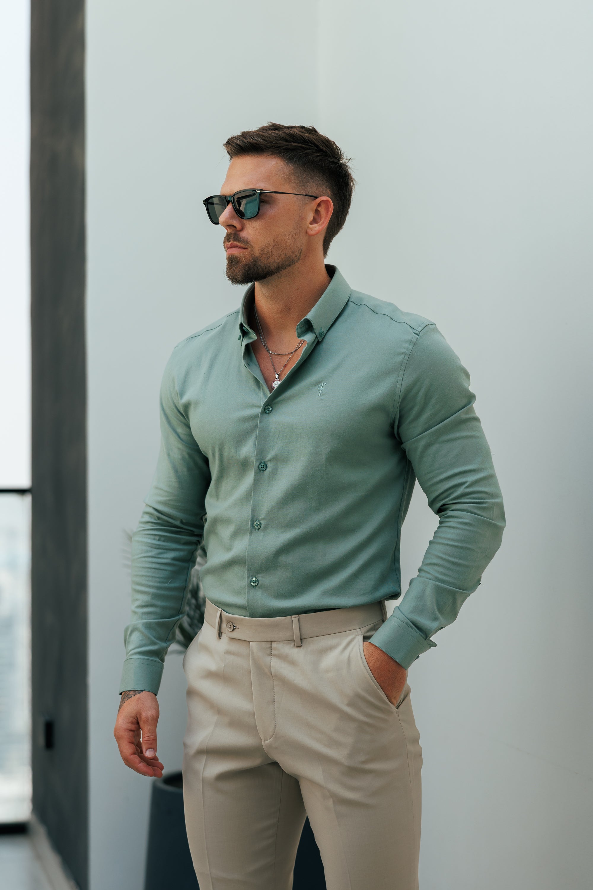Classic Stretch Oxford Long Sleeve Smoke Green with Button Down Collar - FS1217