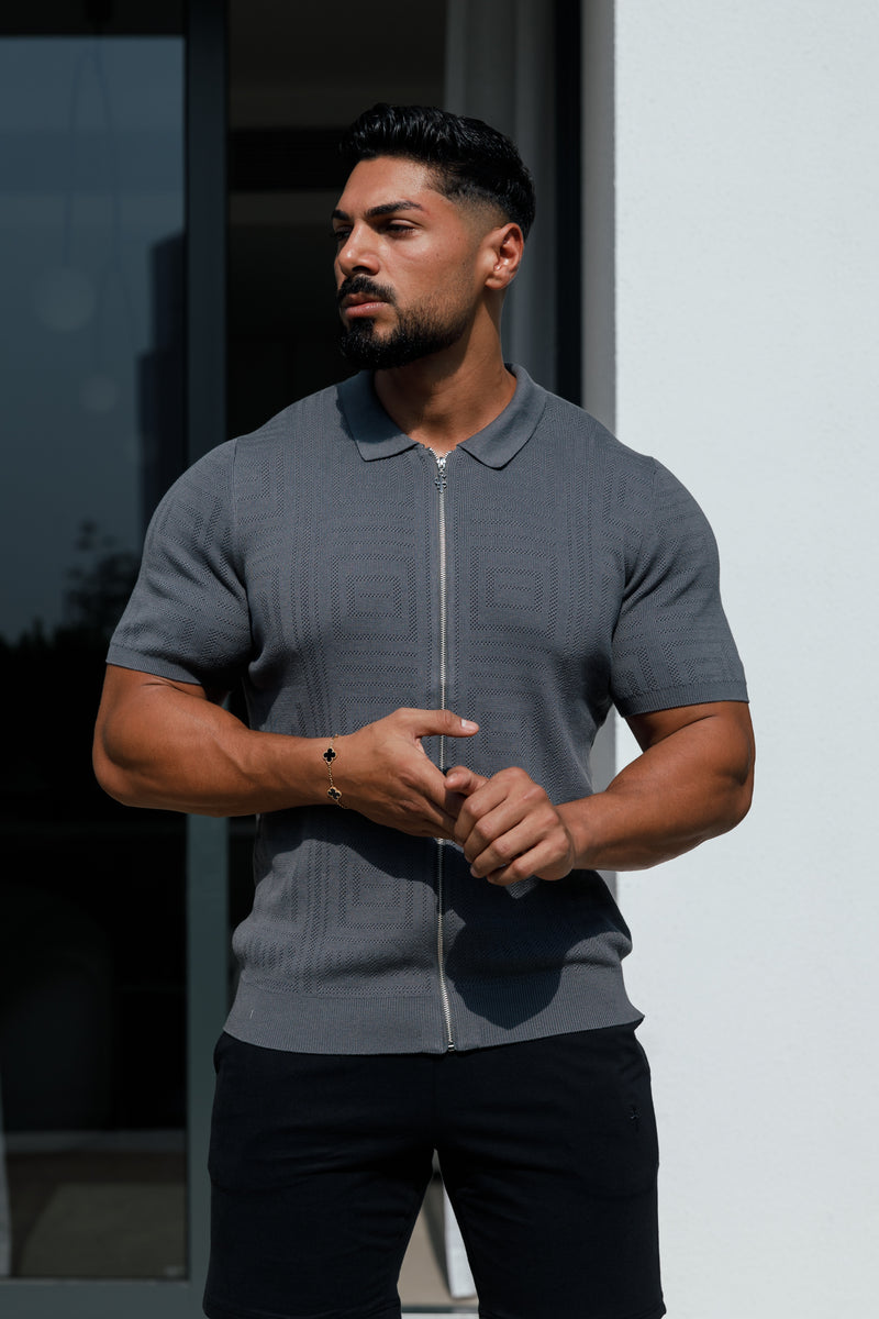 Father Sons Classic Knitted Geo Design With Full Length Zip Gunmetal Short Sleeve - FSN150