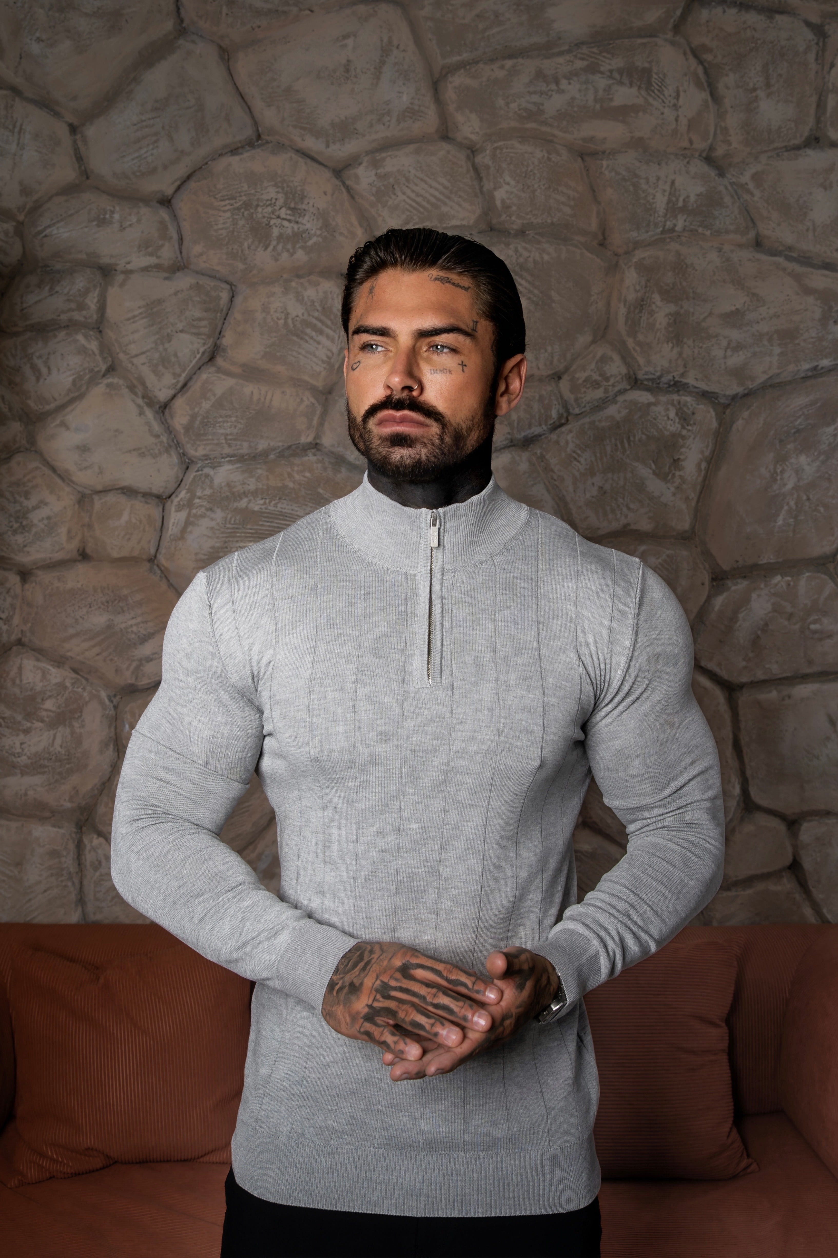 Self Stripe 1/4 Zip Funnel Neck Knit Jumper Silver Grey Long Sleeve  -  FSR051