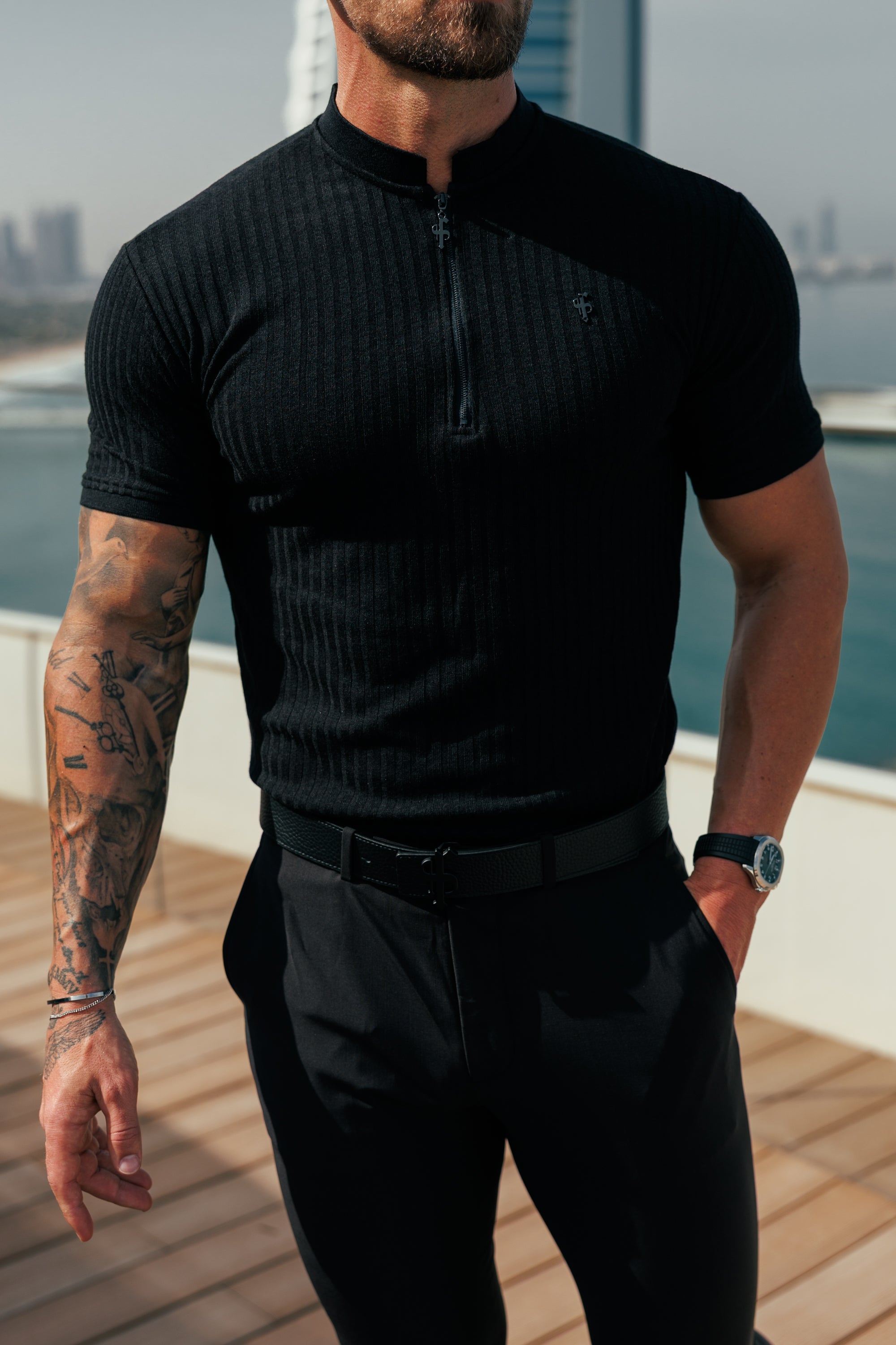 Super Slim Black / Black Ribbed Zip Grandad Collar Shirt Short Sleeve - FSH1446