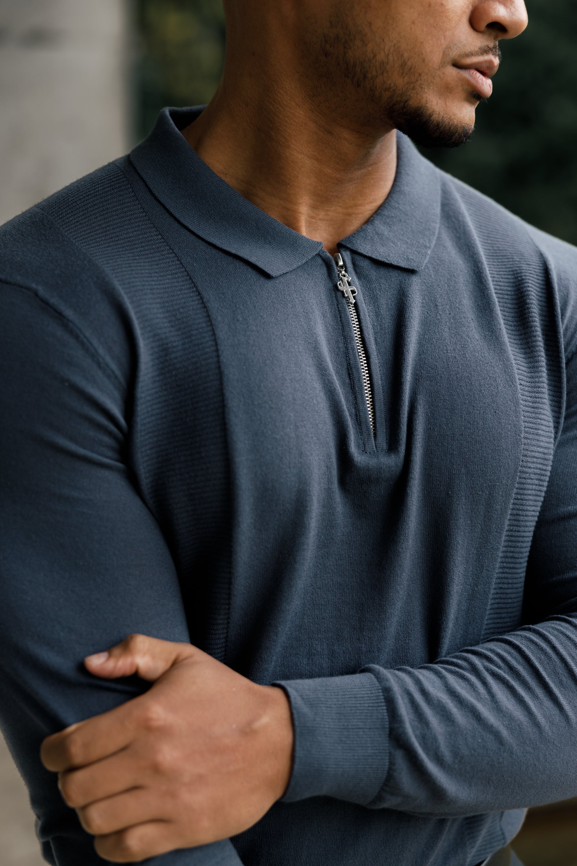 Classic Gunmetal and Silver Zip Knitted Polo Shirt Long Sleeve - FSN128