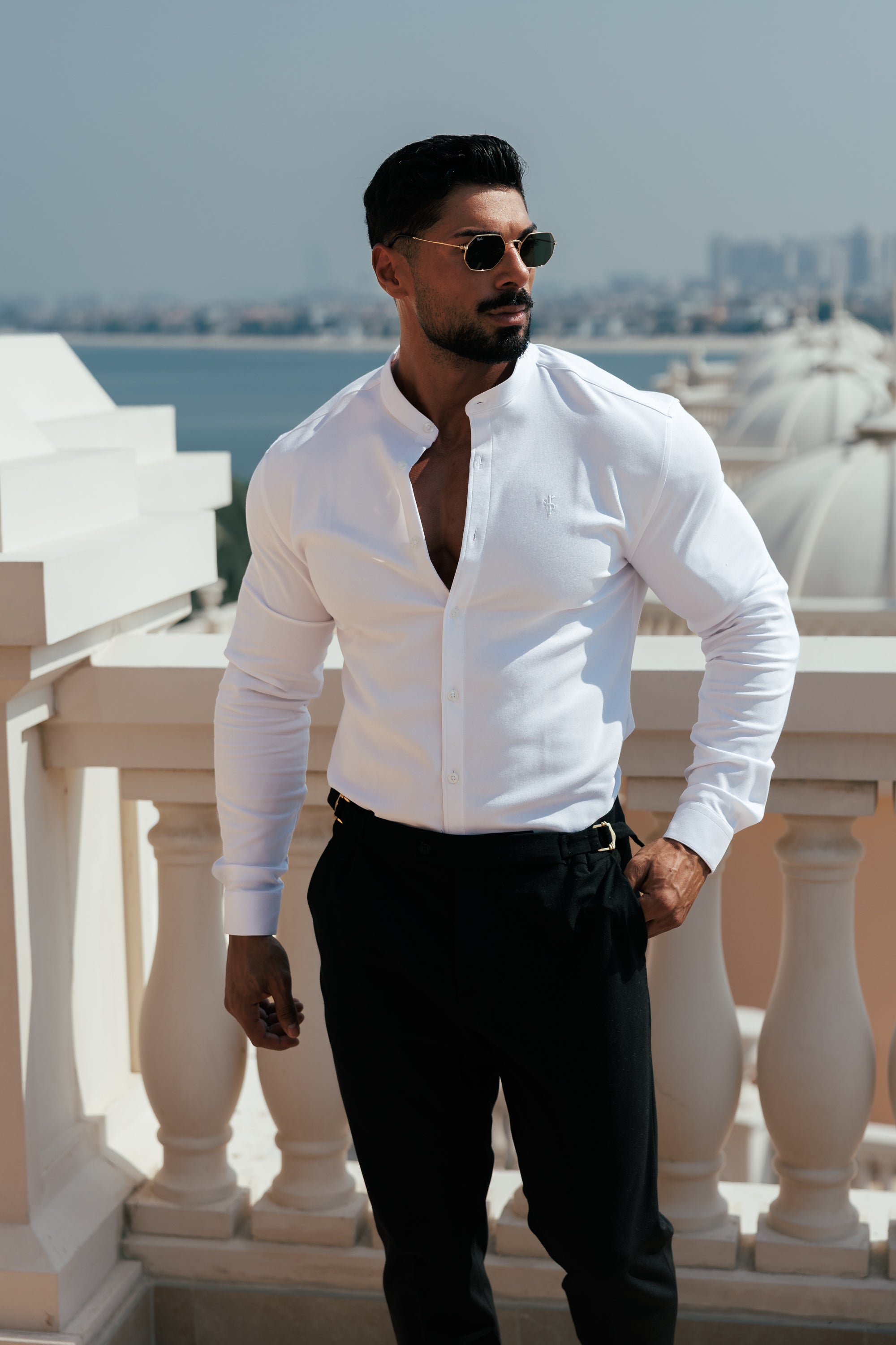 Super Slim Scuba White Long Sleeve Stretch with Grandad Collar - FS1170