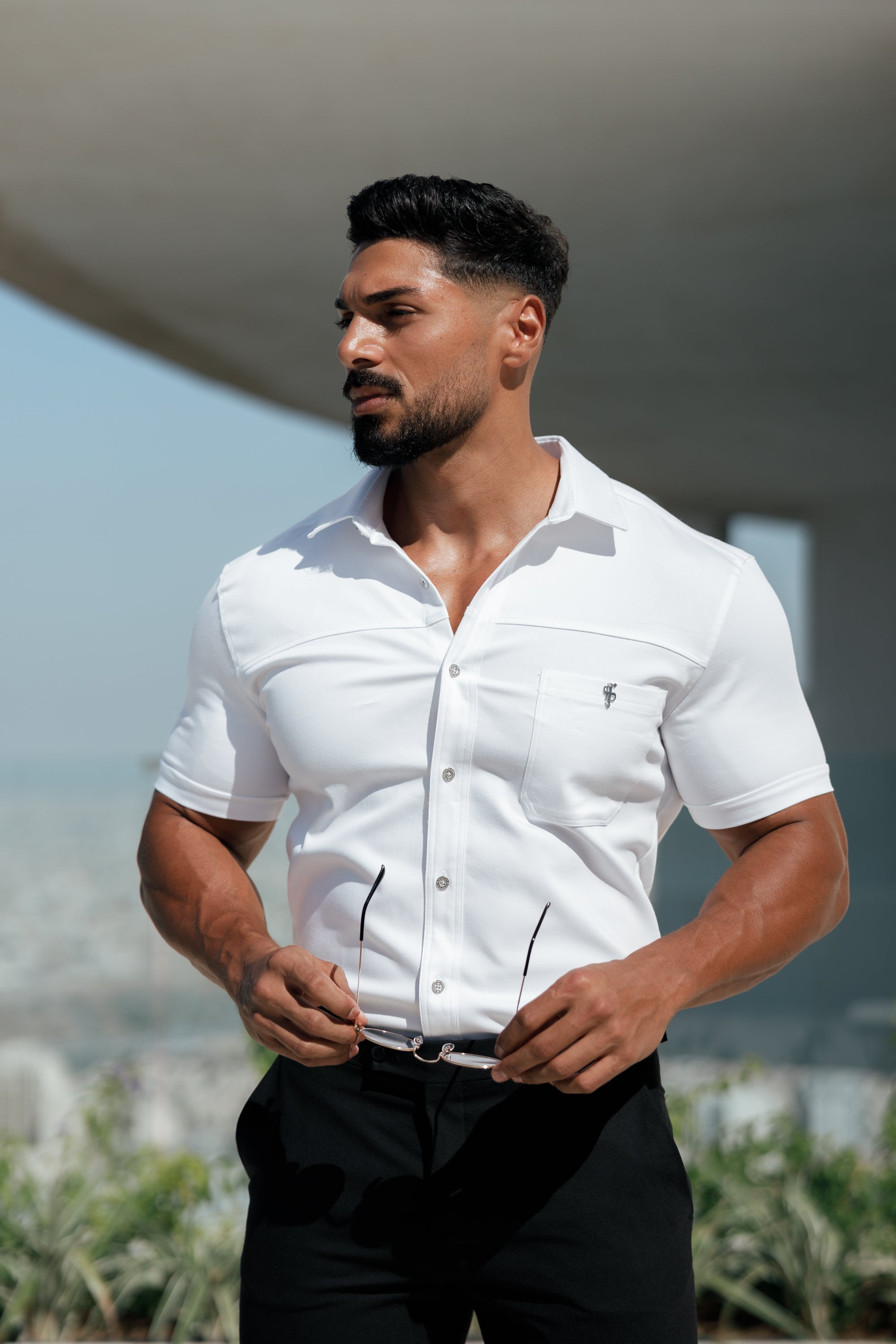 Super Slim Stretch White Denim Short Sleeve with Horizontal Seam and Pocket- FS956