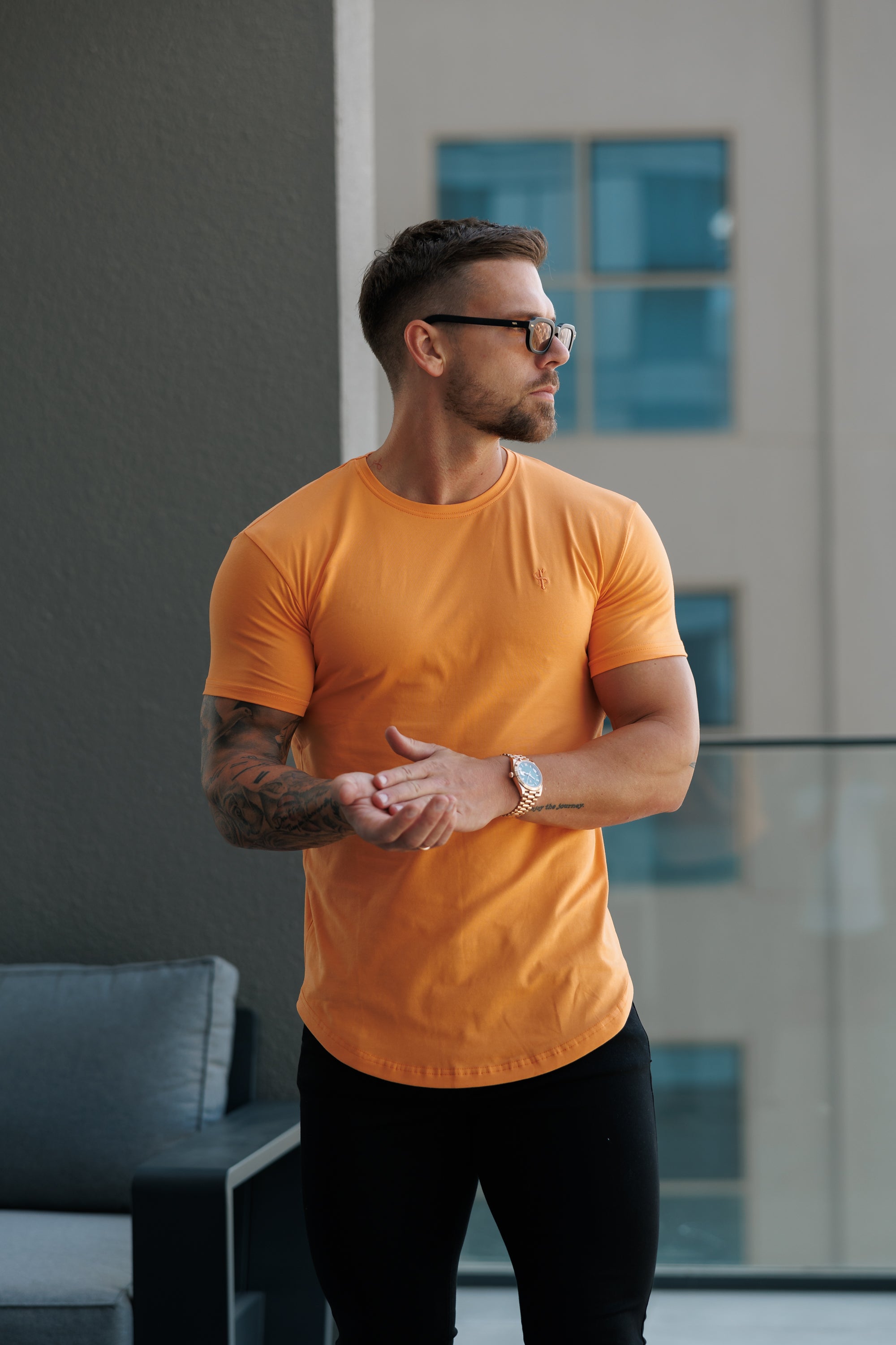 Classic Orange Tonal Curved Hem Crew T Shirt - FSH1152