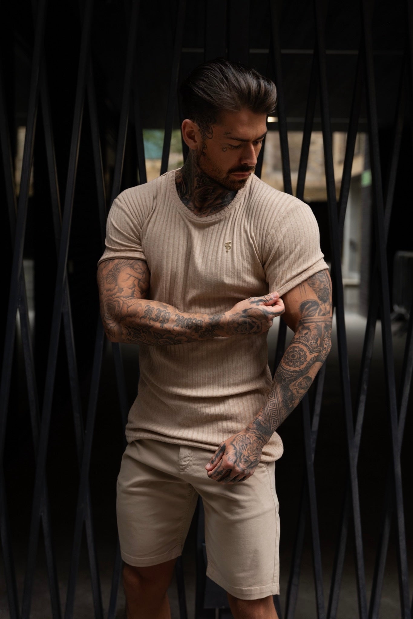 Classic Beige / Gold Ribbed Knit Super Slim Short Sleeve Crew - FSH1088