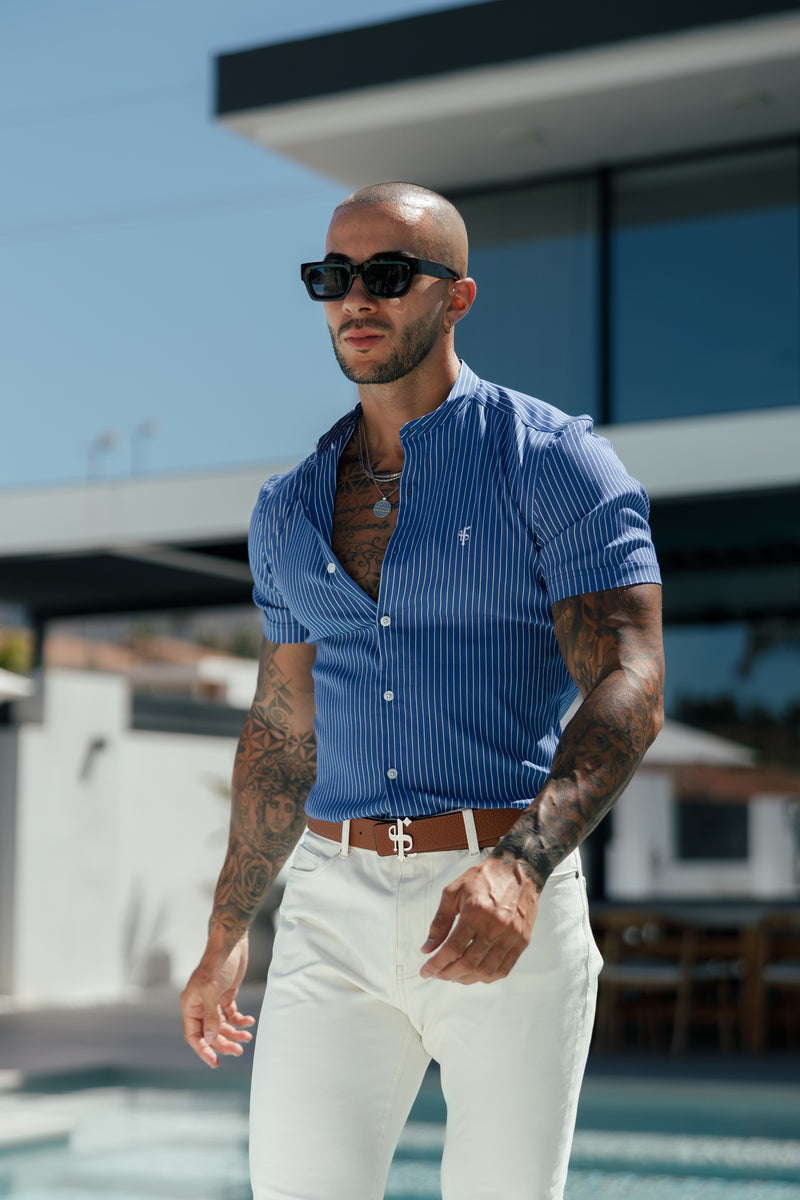 Father Sons Super Slim Stretch Ocean Blue Printed Pinstripe Short Sleeve with Grandad Collar - FS1064