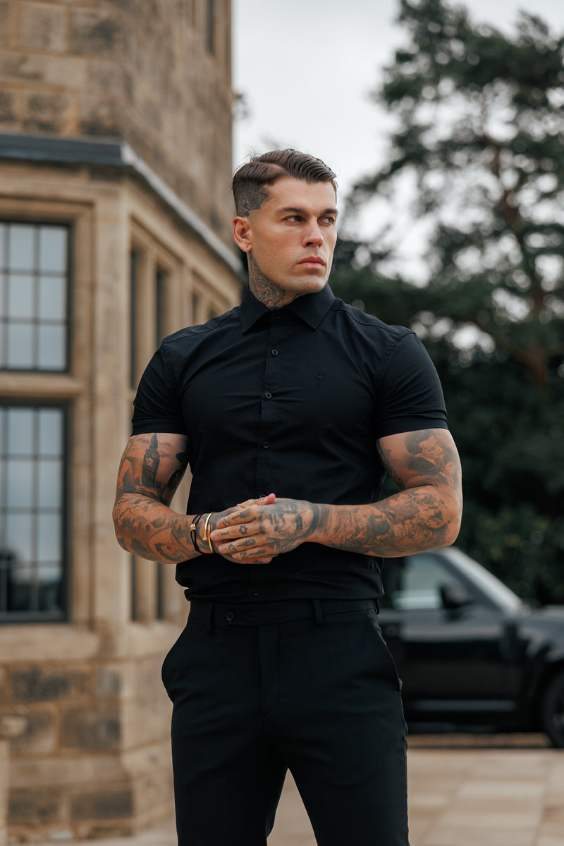 Father Sons Muscle Fit Advanced Stretch Black Short Sleeve with Cutaway Collar  - FS1159