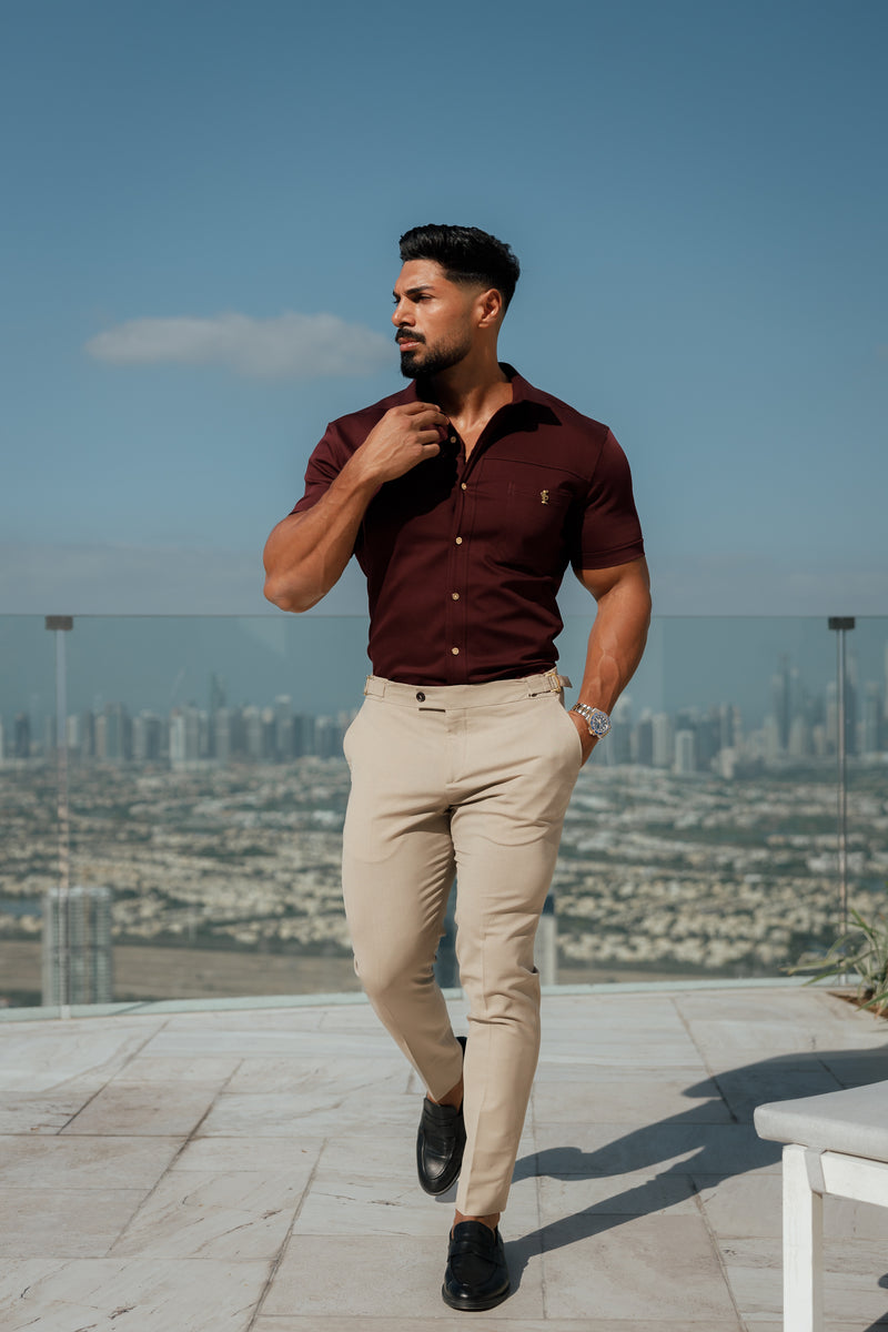 Father Sons Super Slim Stretch Burgundy Denim Short Sleeve with Horizontal Seam and Pocket- FS961