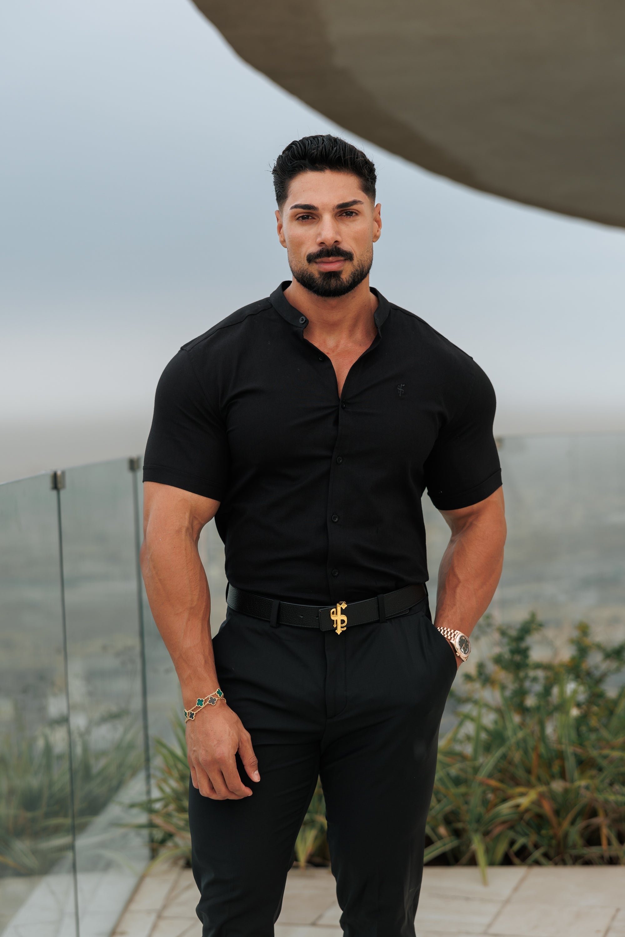 Super Slim Oxford Stretch Classic All Black Grandad Collar Short Sleeve - FS582