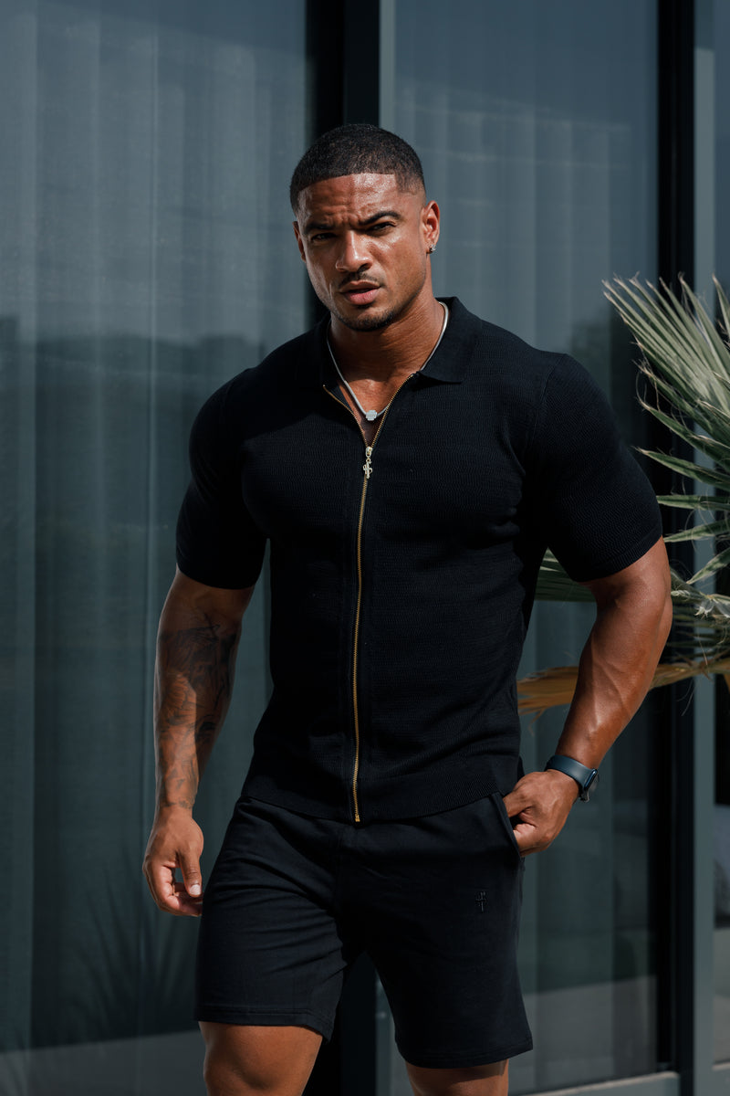 Father Sons Classic Knitted Textured Design With Full Length Zip Black Short Sleeve - FSN151