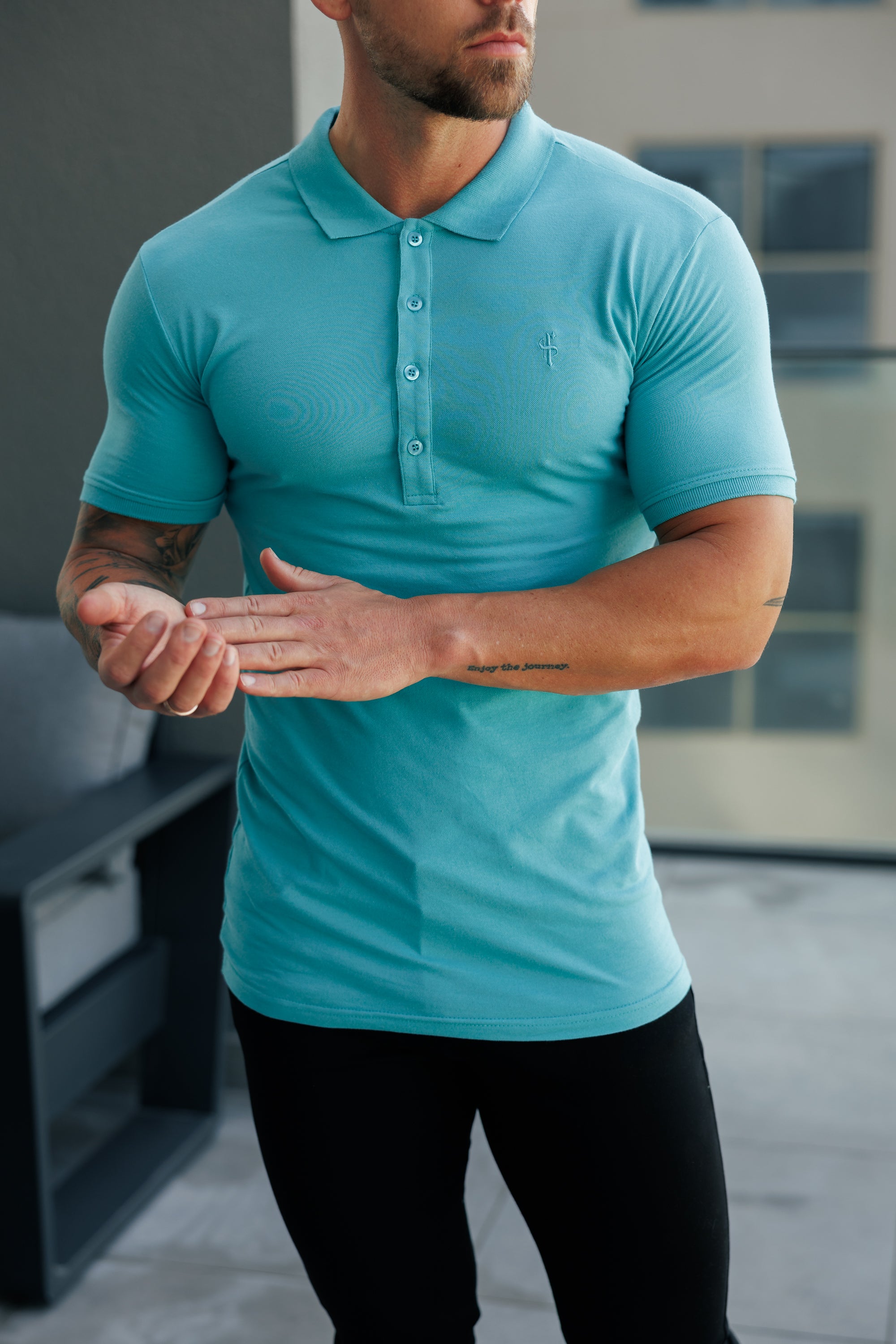 Classic Ocean Green Polo Shirt with Tonal Button and Embroidery - FSH1272