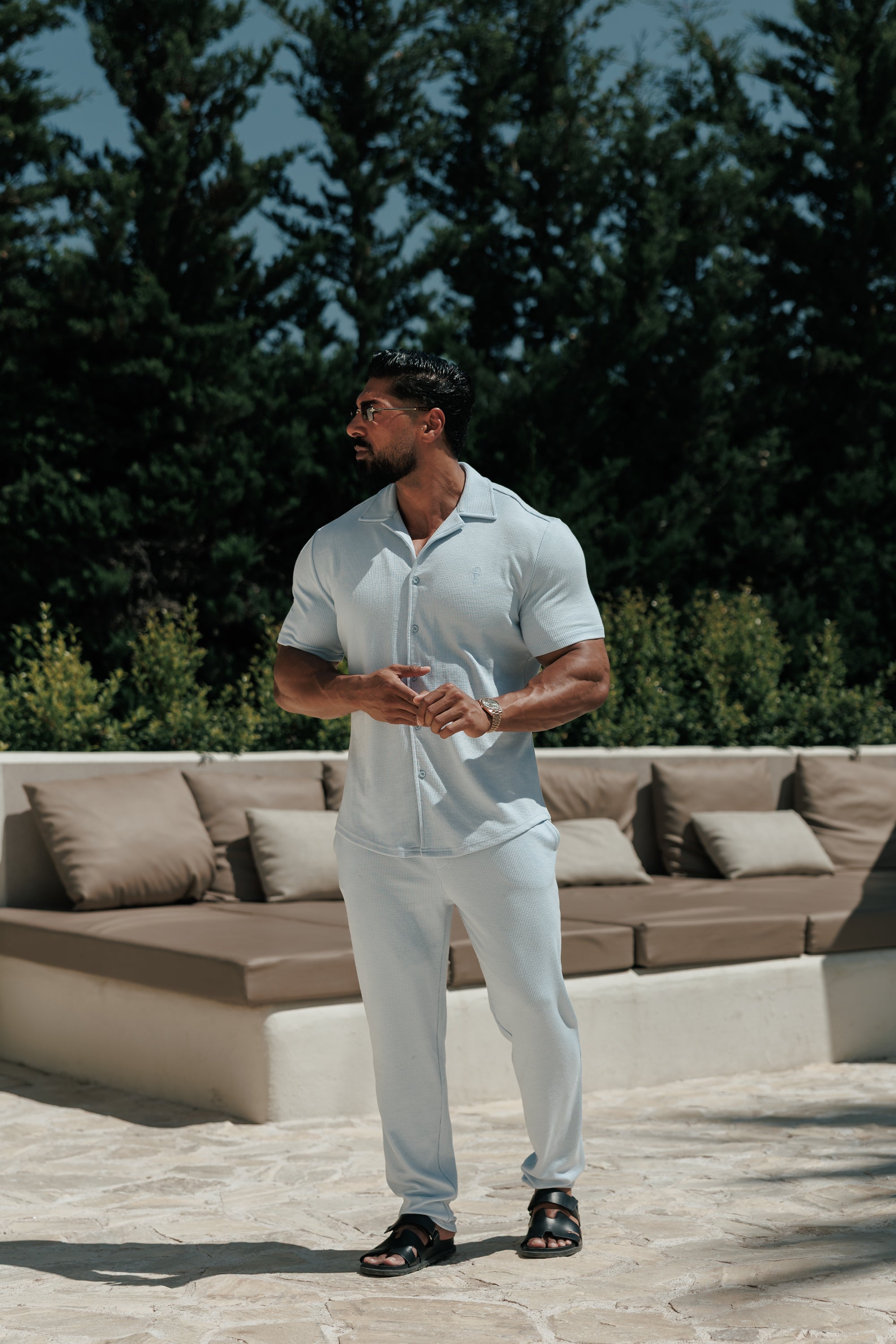 Jersey Cord Stretch Light Blue Revere Shirt Short Sleeve - FSR074 (PRE ORDER 18TH JULY)