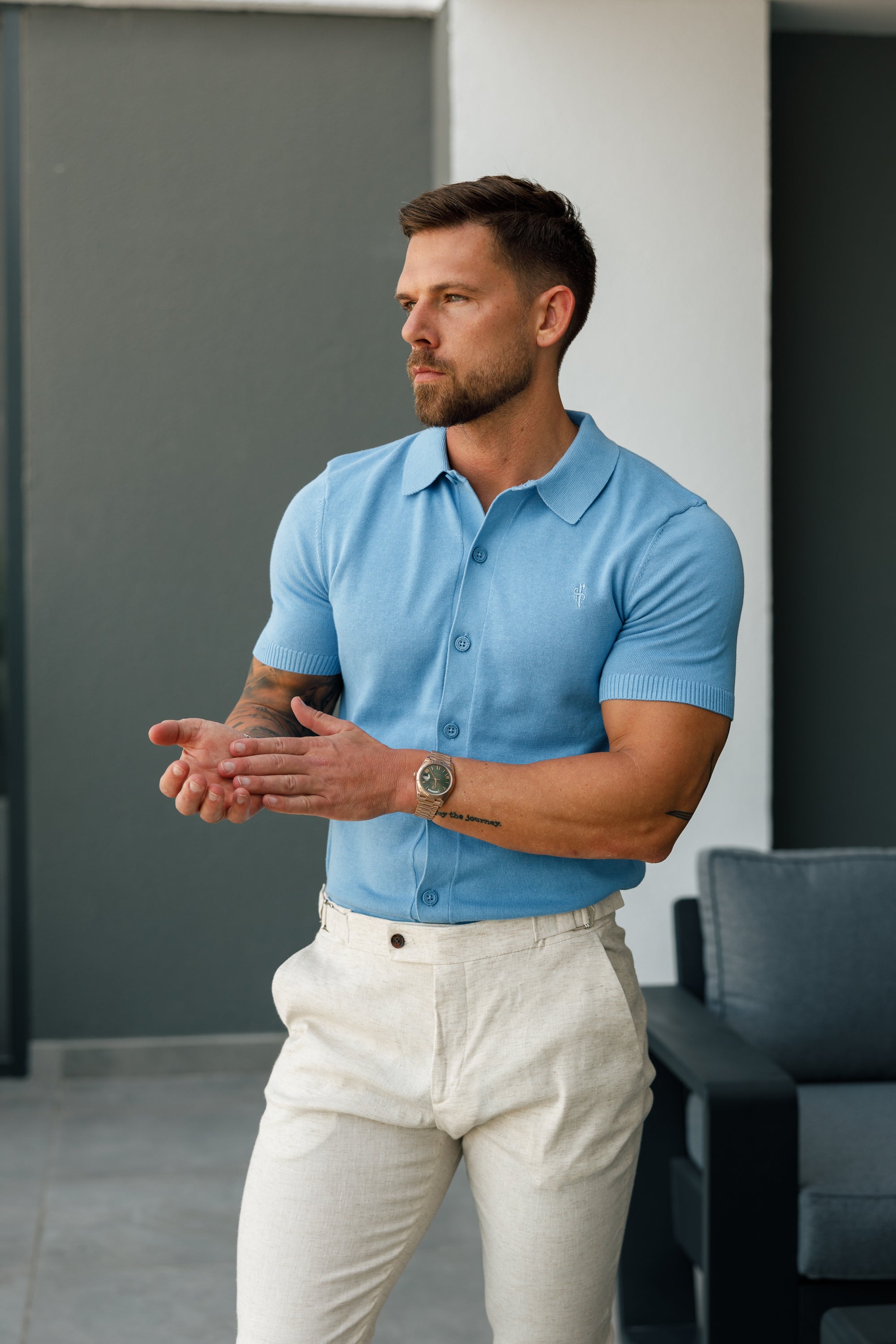 Classic Plain Light Blue Knitted Button Through Polo Short Sleeve - FSN161
