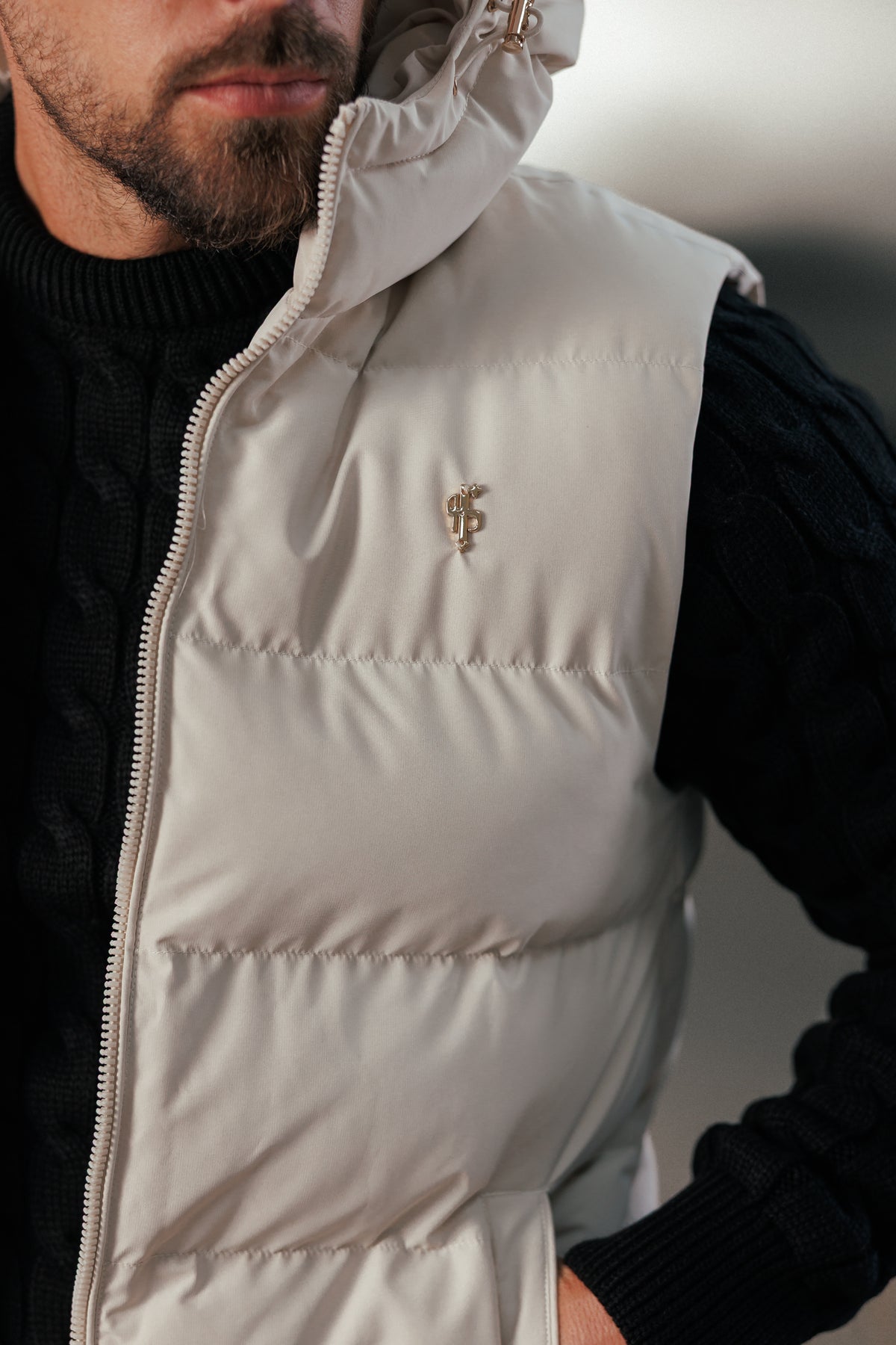 Light Beige Padded Hooded Gilet - FSN243