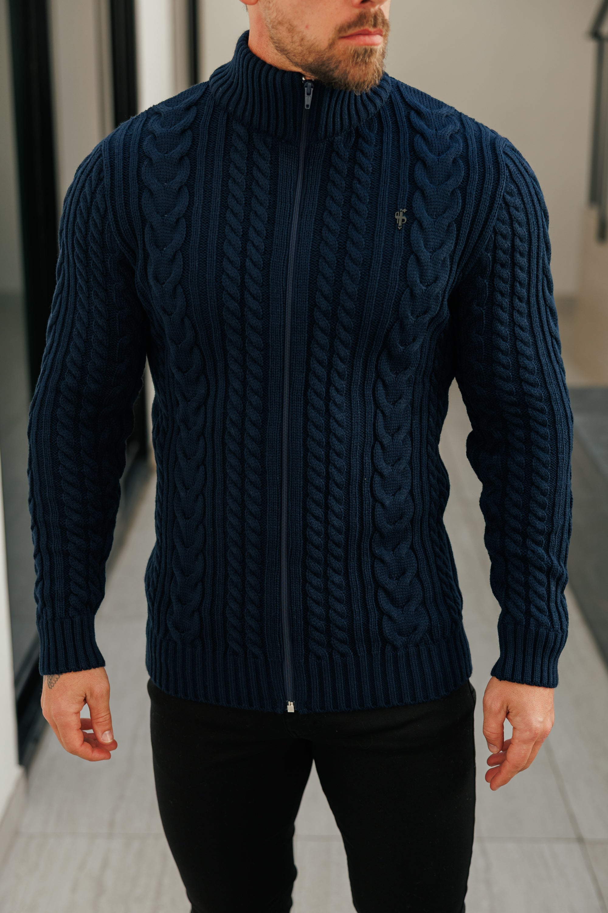 Funnel Neck Full Zip Cardigan Dark Navy -  FSJ146