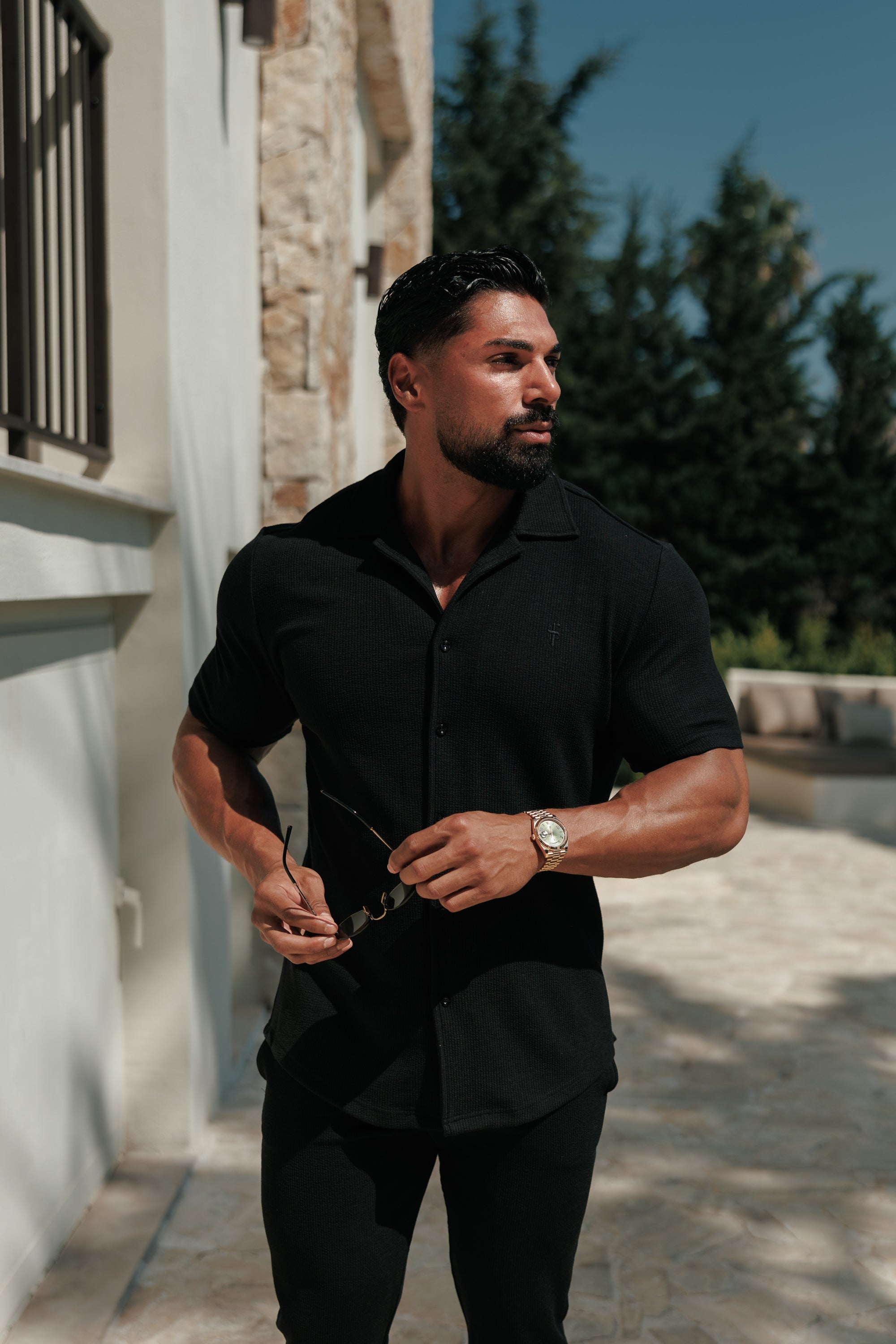 Jersey Cord Stretch Black Revere Shirt Short Sleeve - FSR070 (PRE ORDER 30TH JUNE)