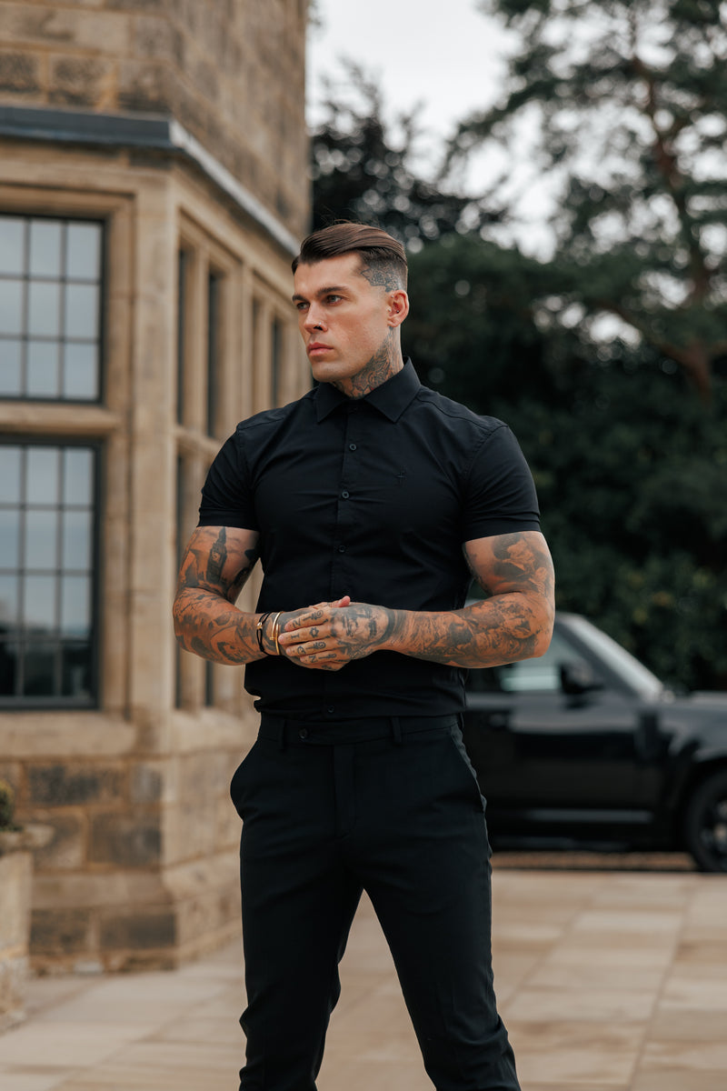 Father Sons Muscle Fit Advanced Stretch Black Short Sleeve with Cutaway Collar  - FS1159