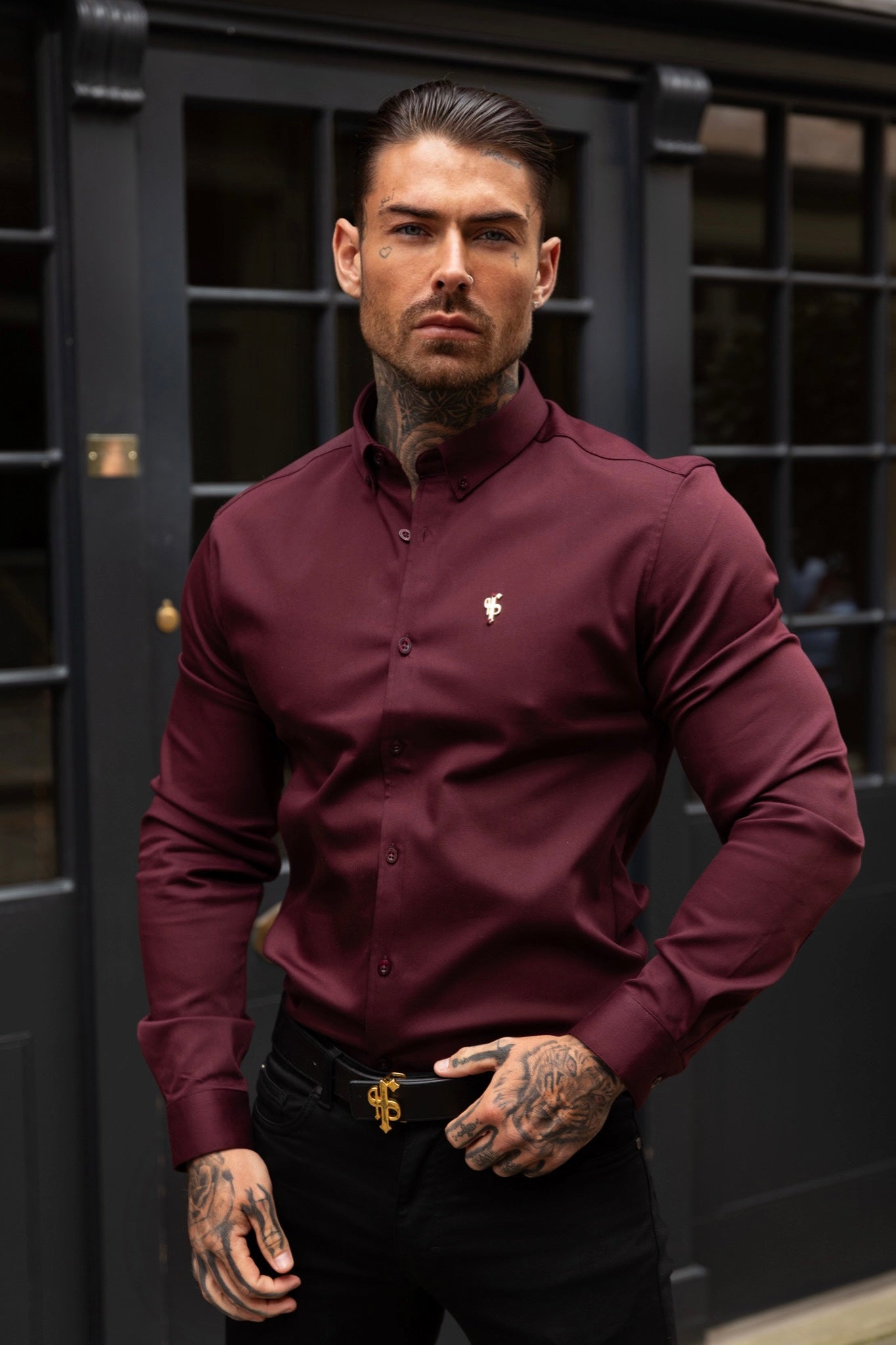 Super Slim Stretch Burgundy Denim Long Sleeve with Gold Metal Decal and Button Down Collar - FS1046